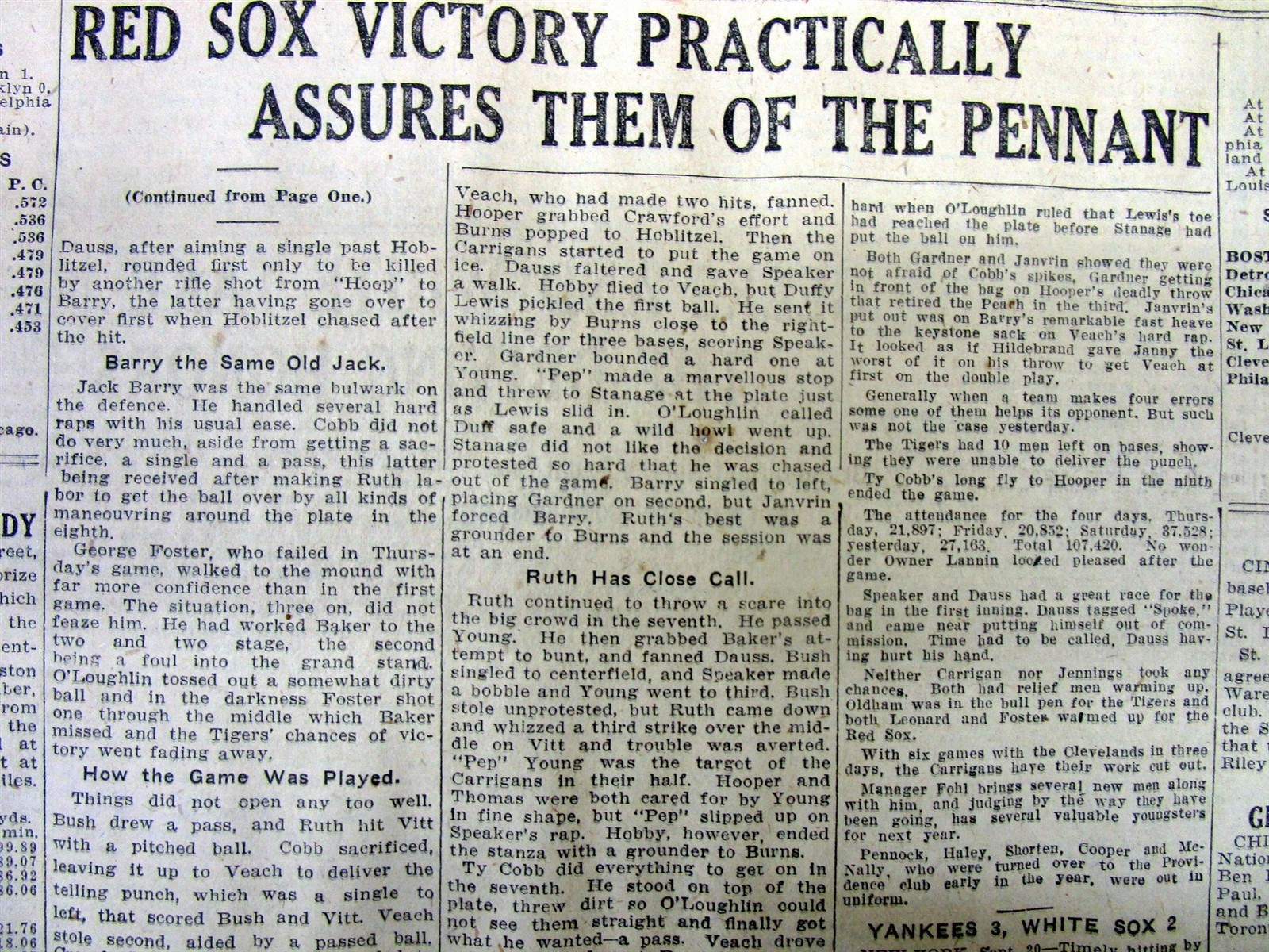 1915 newspaper Boston Red Sox w pitcher BABE RUTH going to BASEBALL WORLD SERIES
