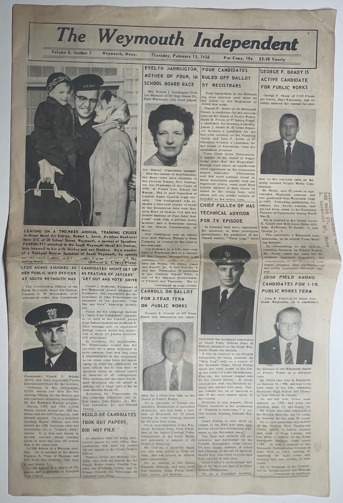 1958 WEYMOUTH INDEPENDENT MASSACHUSETTS NEWSPAPER SPORTS NAVAL POLITICS ADS RARE