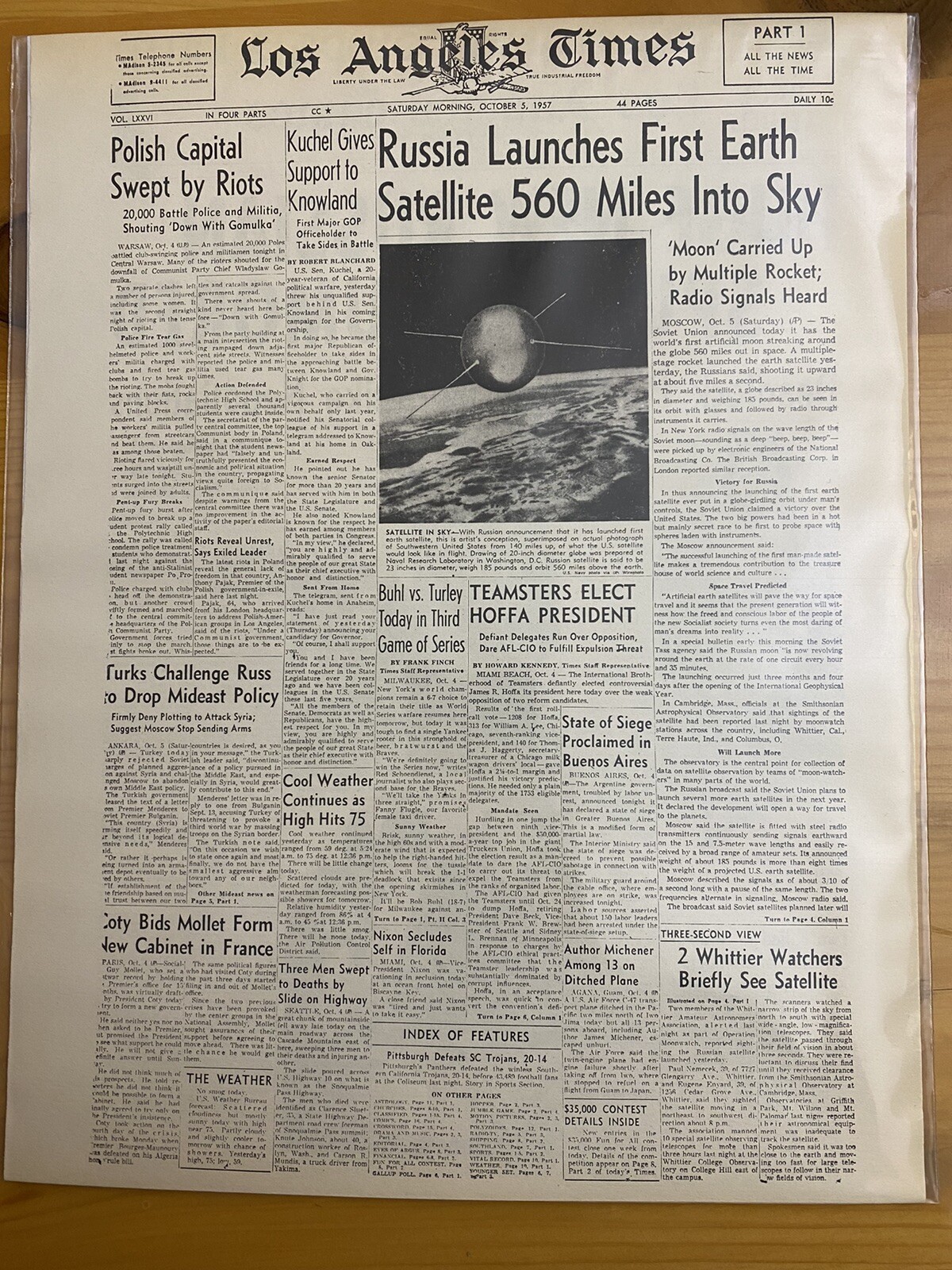 VINTAGE NEWSPAPER HEADLINE~RUSSIAN ROCKET 1st EARTH SPACE SATELLITE SPUTNIK 1957