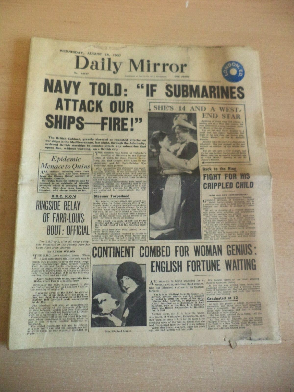 OLD ANTIQUE ORIG 1930s NEWSPAPER 18 aug 1937 MIRROR joe louis BATTLE OF THE MED