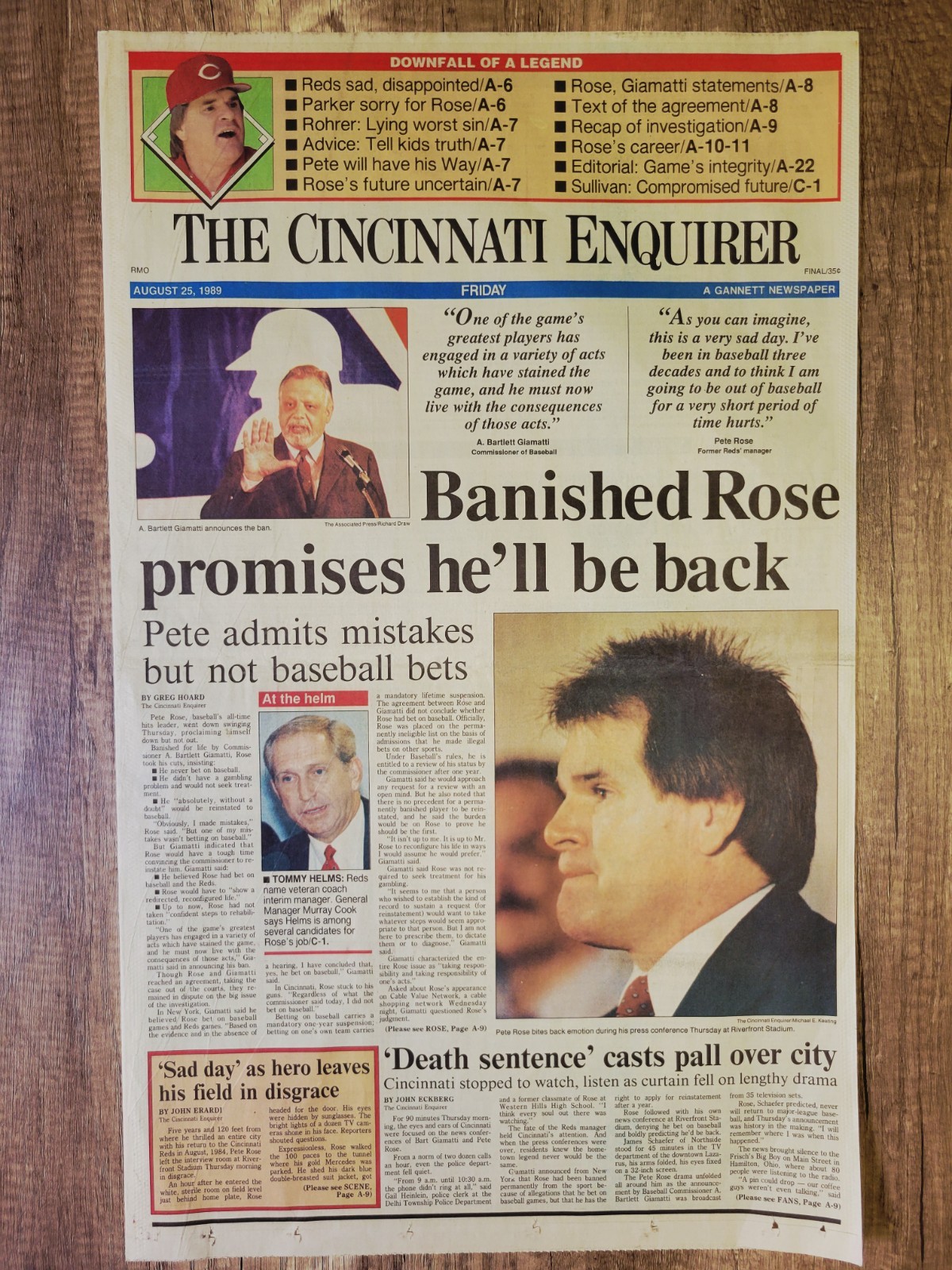 1989 Aug: Cincinnati Enquirer MLB Baseball – Reds Pete Rose Suspended/Banished!