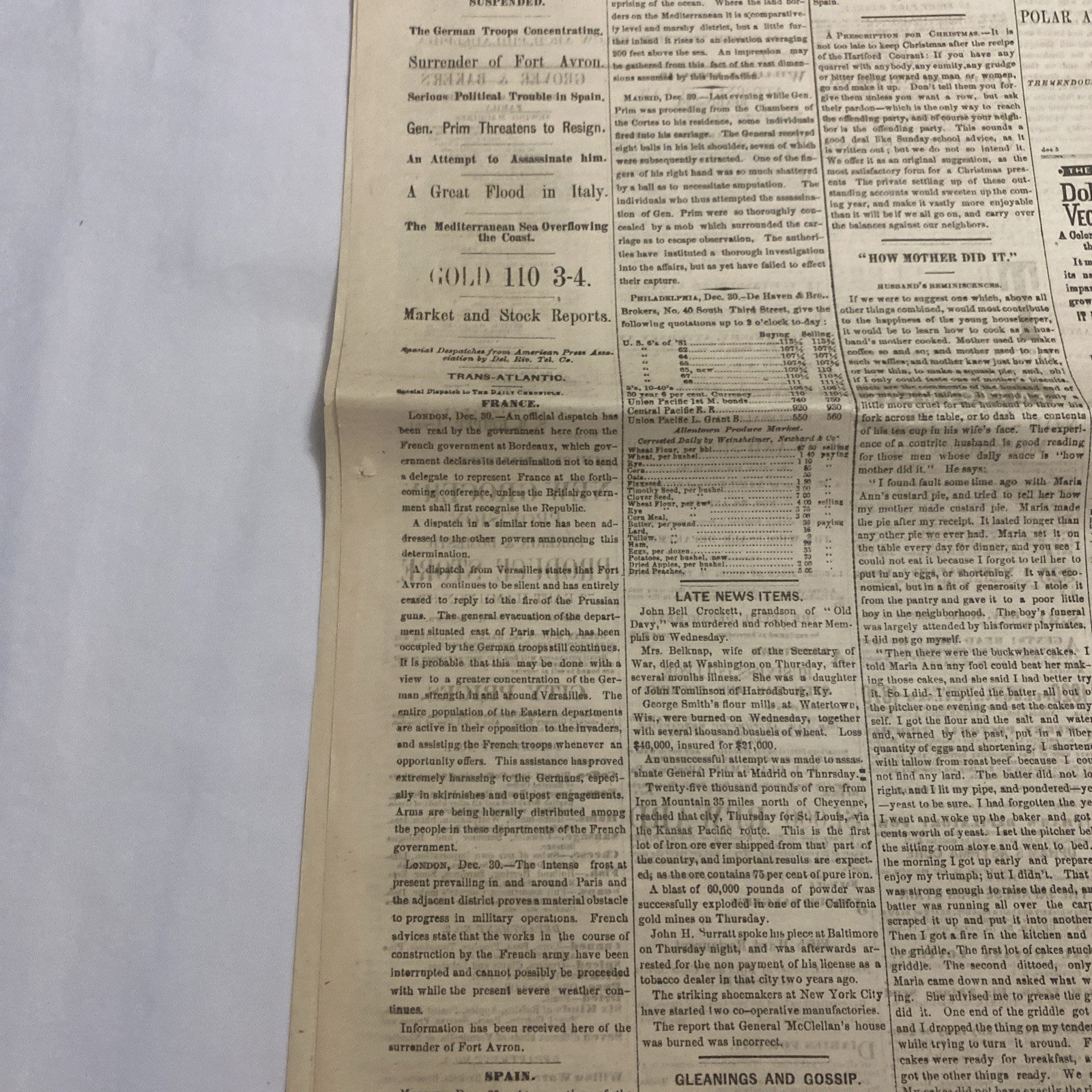 The Daily Chronicle Newspaper ~ Allentown PA, December 30, 1870
