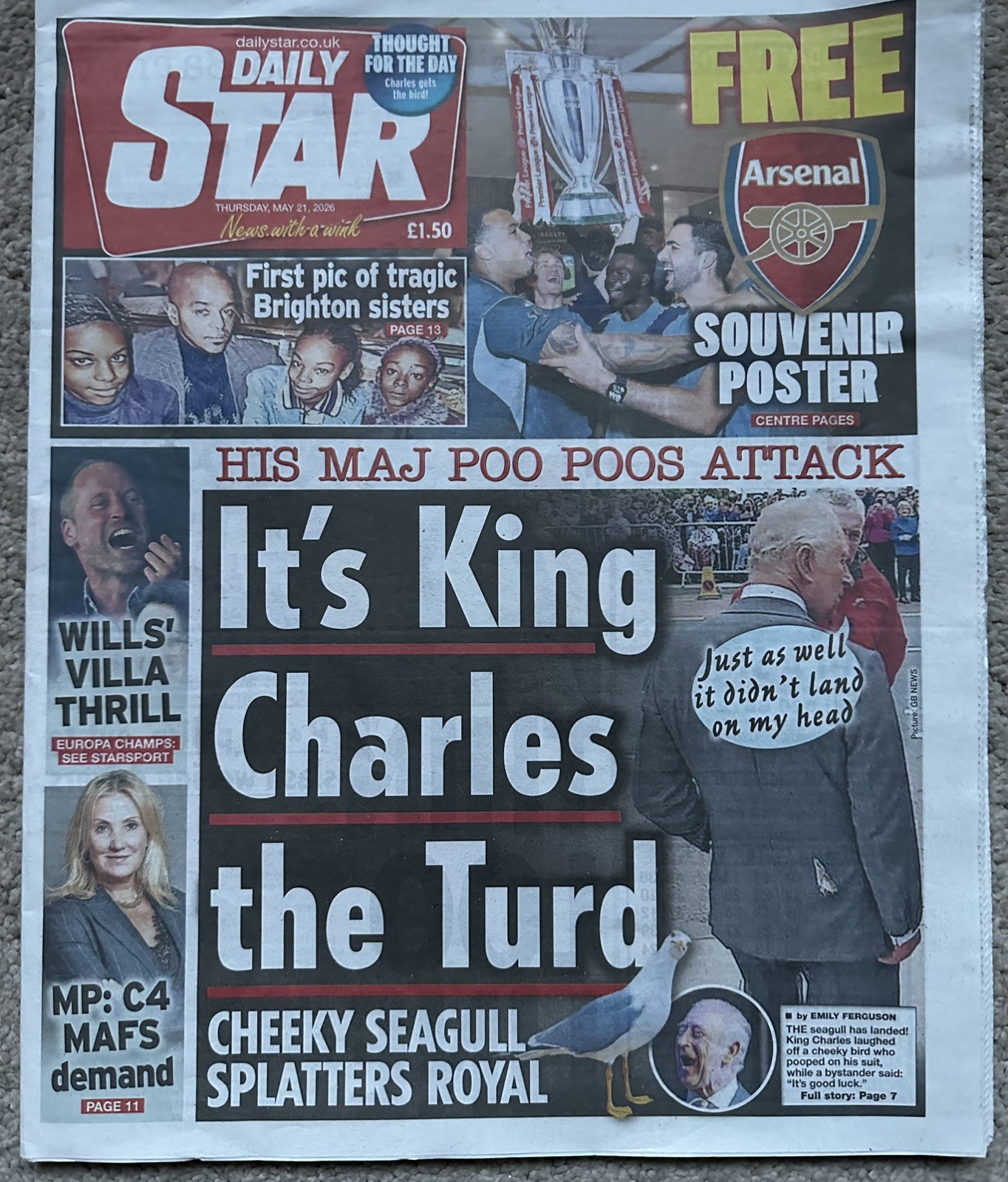 Daily Star 21st May 2026 21/5/26 Arsenal Champs Poster & Aston Villa Win Europa