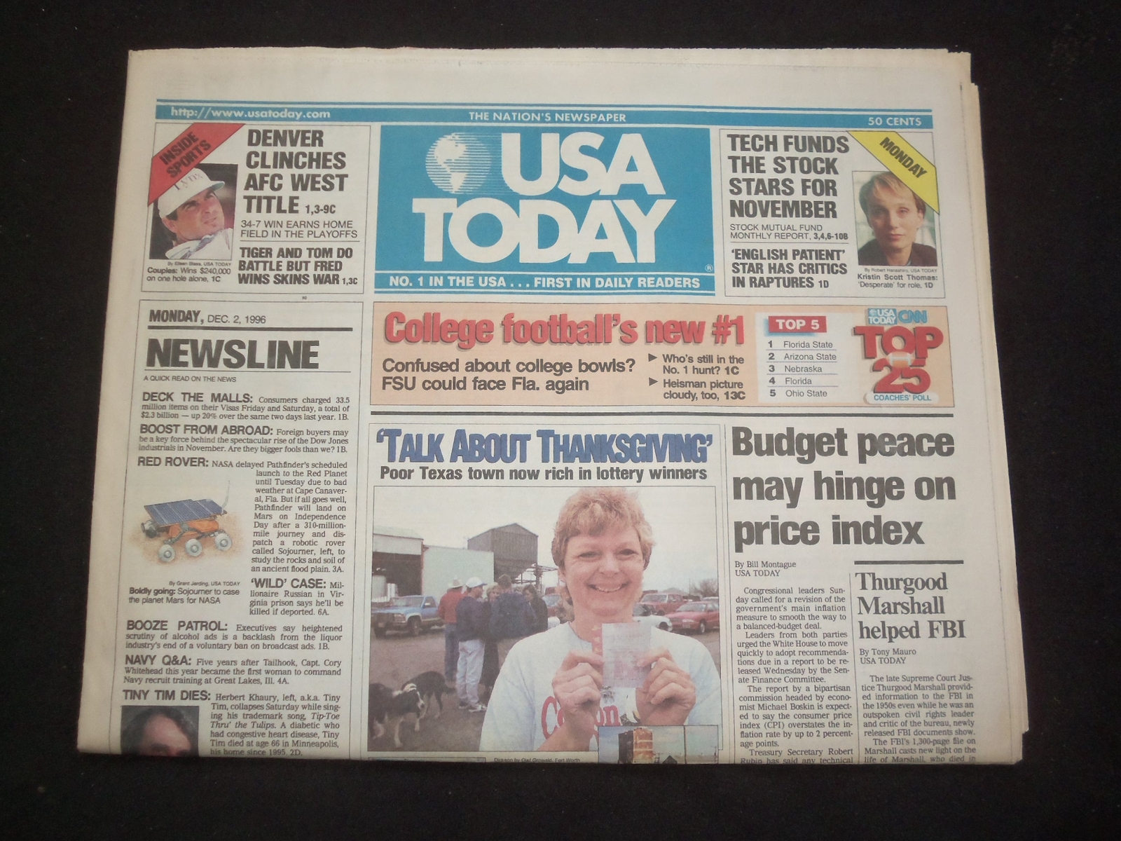 1996 DECEMBER 2 USA TODAY NEWSPAPER -BUDGET PEACE HINGES ON PRICE INDEX- NP 7837