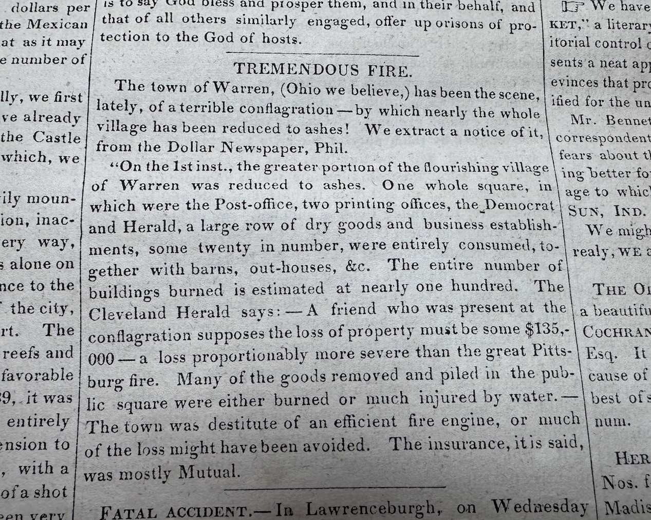 1846 Warren Ohio Fire Mexican American War Cincinnati Ohio The Casket Newspaper