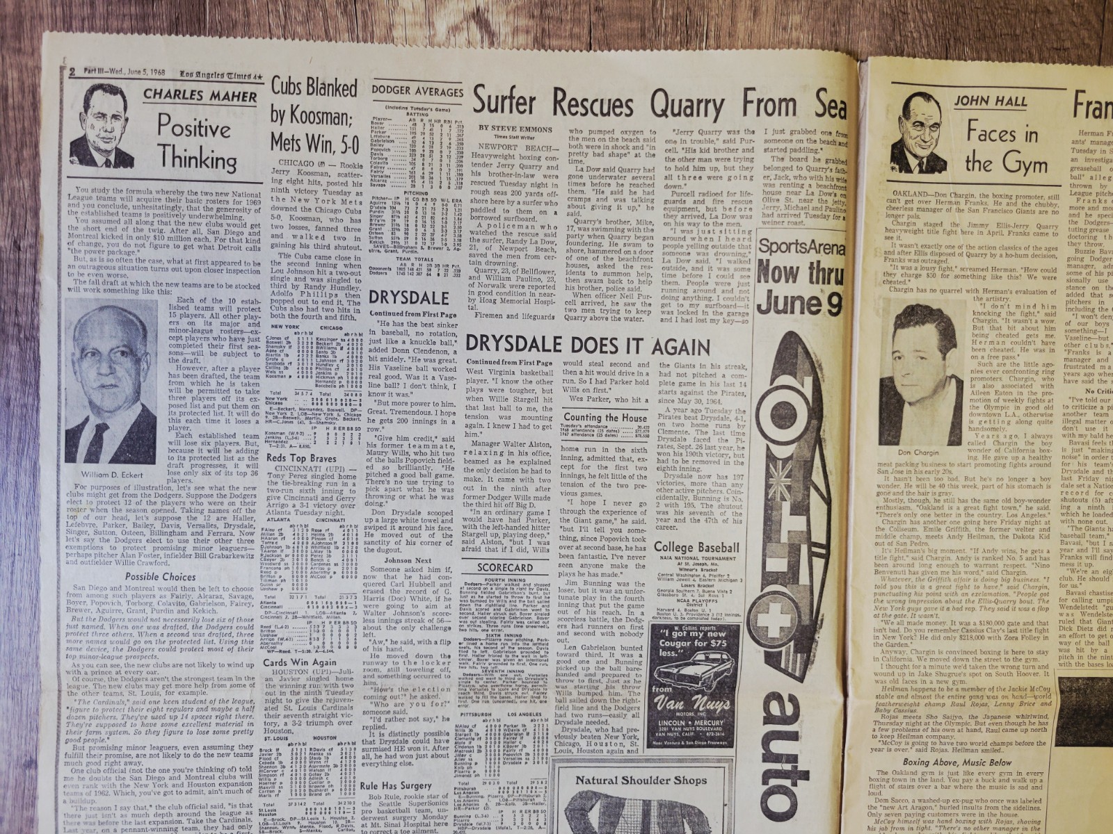 1968 June 5: LA Times Sports Dodgers’ Don Drysdale 6th Consecutive Shut-Out! MLB