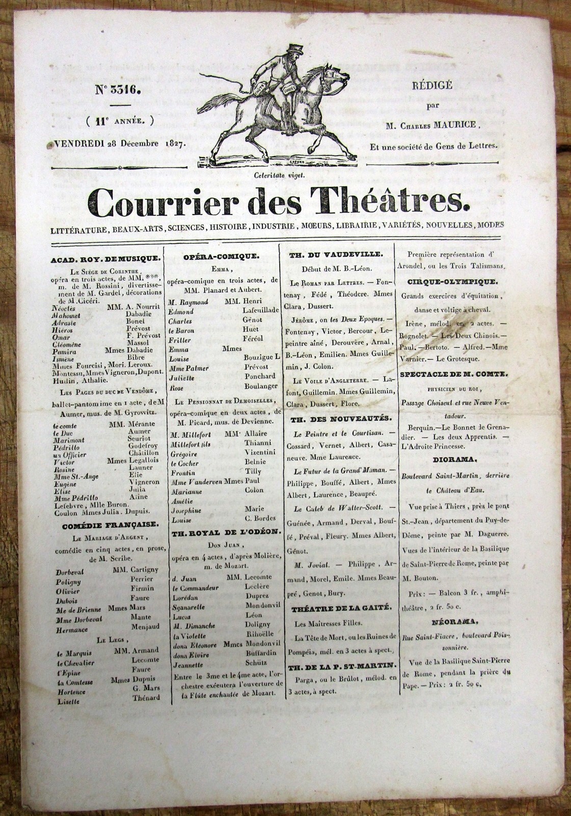 3 rare original 1827, 1829 & 1870 THEATER ENTERTAINMENT newspapers PARIS France
