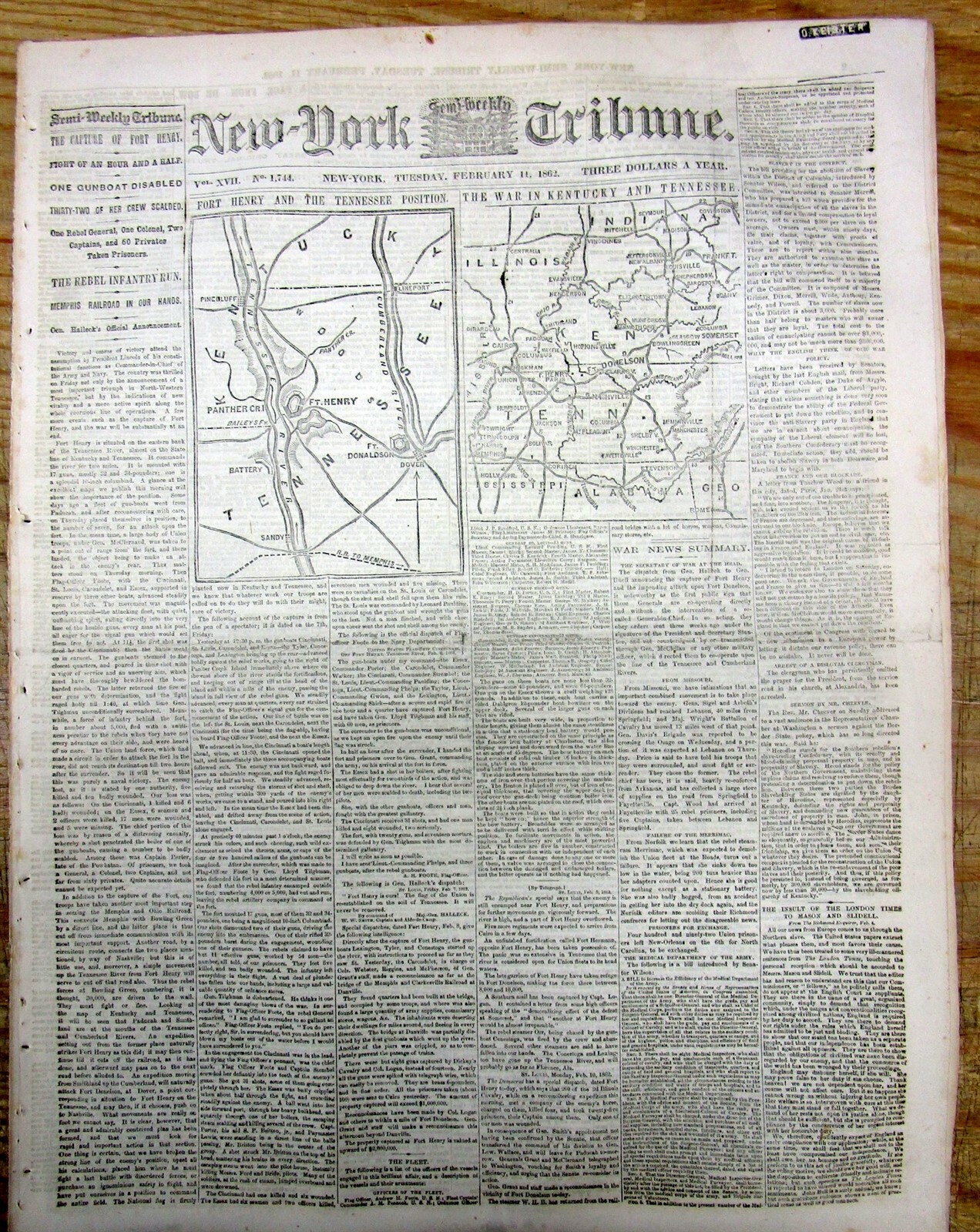 1862 Civil War newspaper w the Capture of FT HENRY & MAP of Kentucky & Tennessee