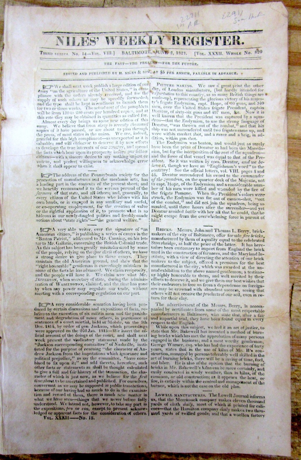 2 1827 newspapers w SAM HOUSTON as Governor of TENNESSEE before he went to TEXAS