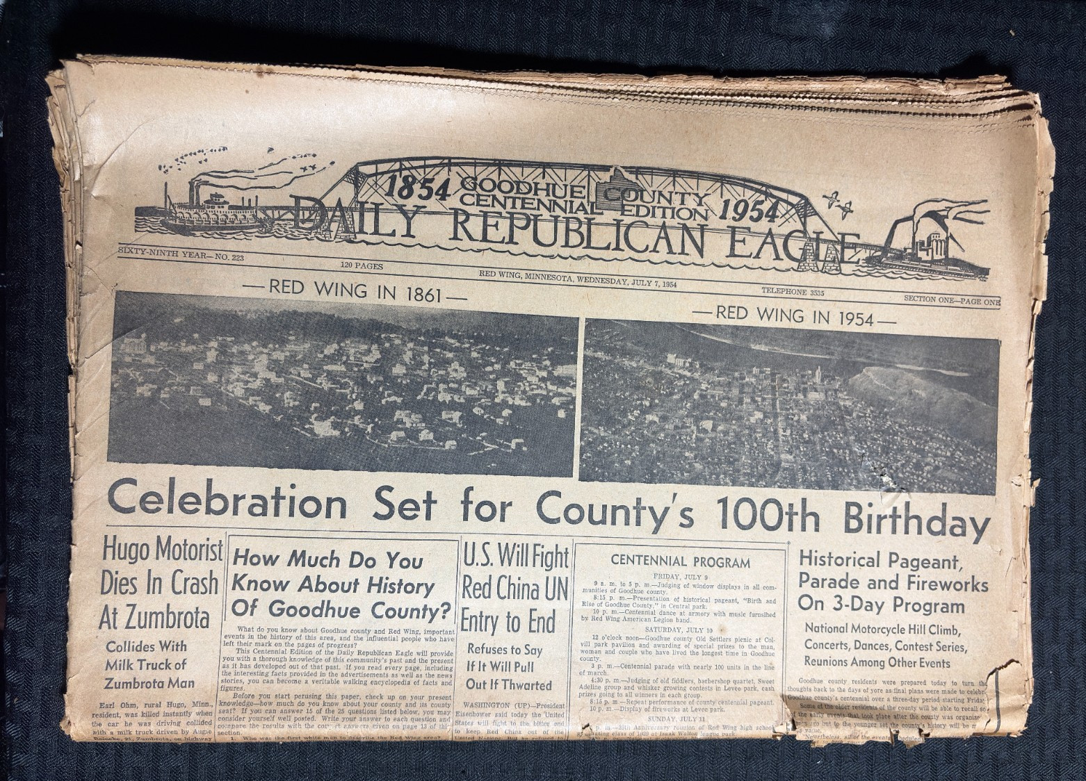 1954 July 7 DAILY REPUBLICAN EAGLE Newspaper GD+ 2.5 Goodhue County 100 Birthday