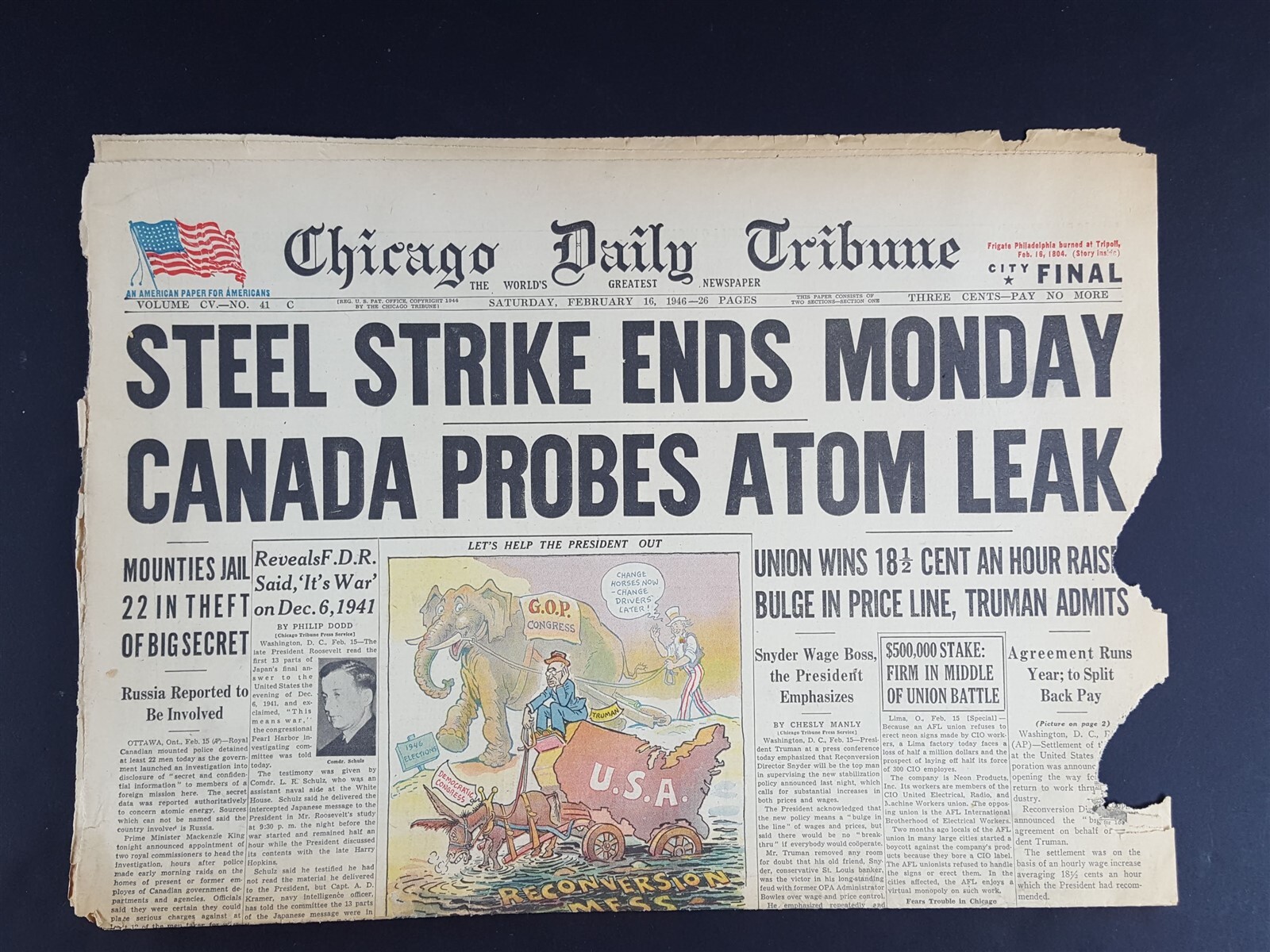 Steel Strike Ends Monday 1946 Old Newspaper Chicago Tribune Feb 16