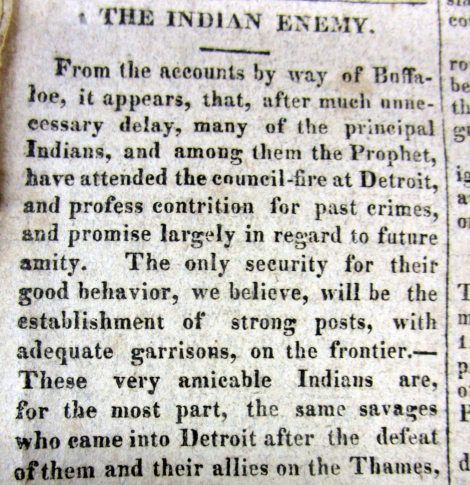 1815 newspaper with ESSAY calling NATIVE AMERICAN INDIANS BLOODTHIRSTY SAVAGES