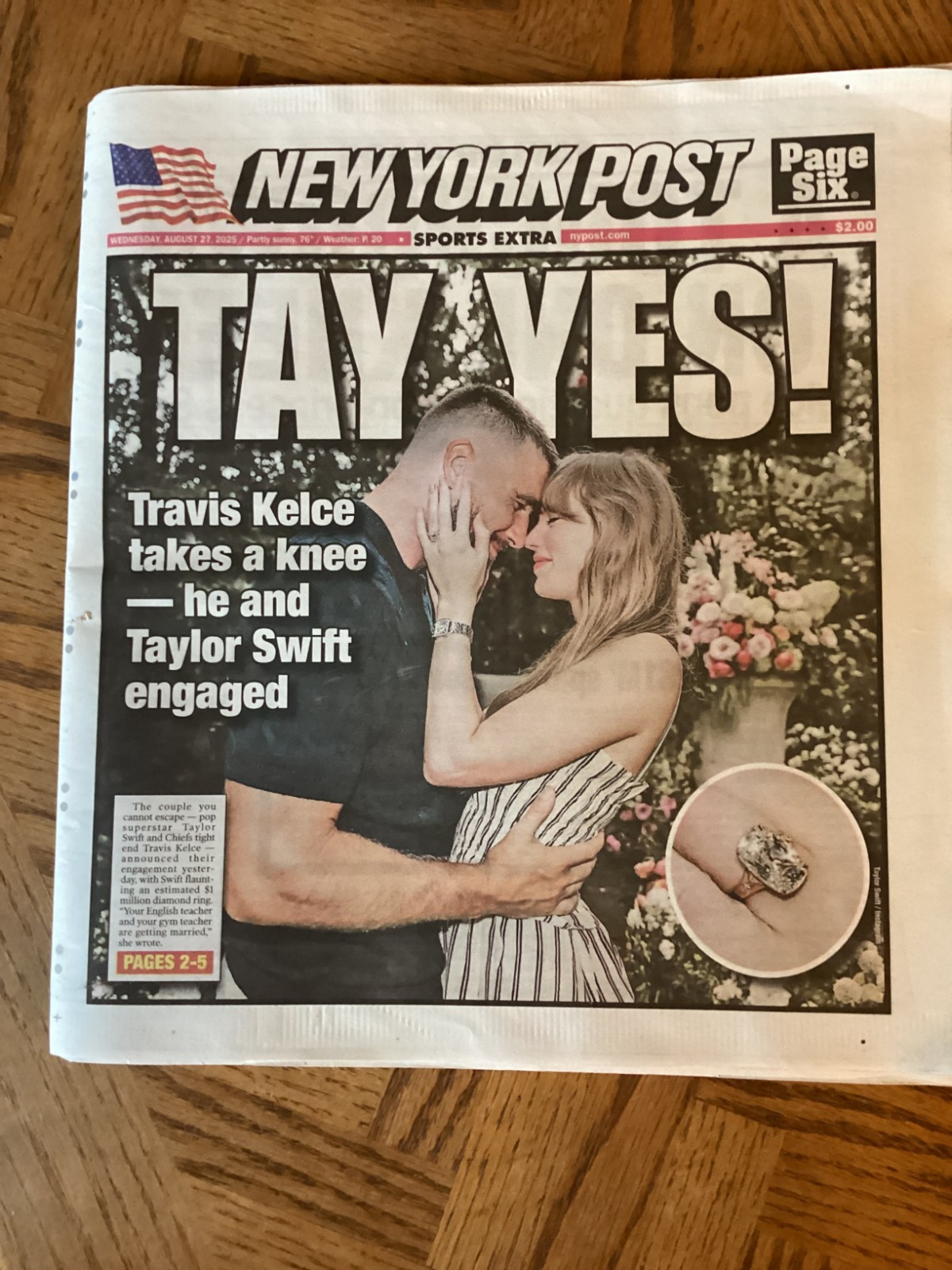 New York Post 8-27-25 Taylor Swift & Travis Kelce Engaged “Tay Yes!”