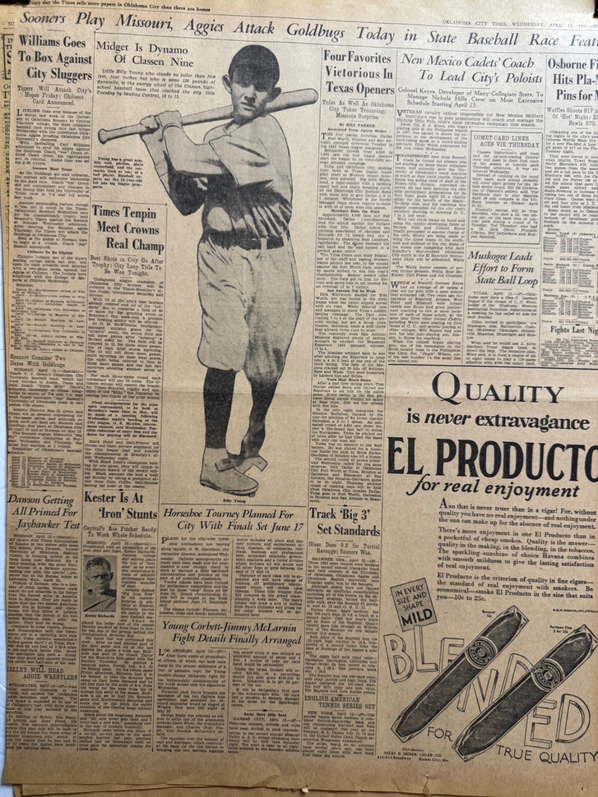 1933 CLASSEN HIGHSCHOOL OKLA. CITY BILLY YOUNG BASEBALL PLAYER NEWSPAPER PAGE