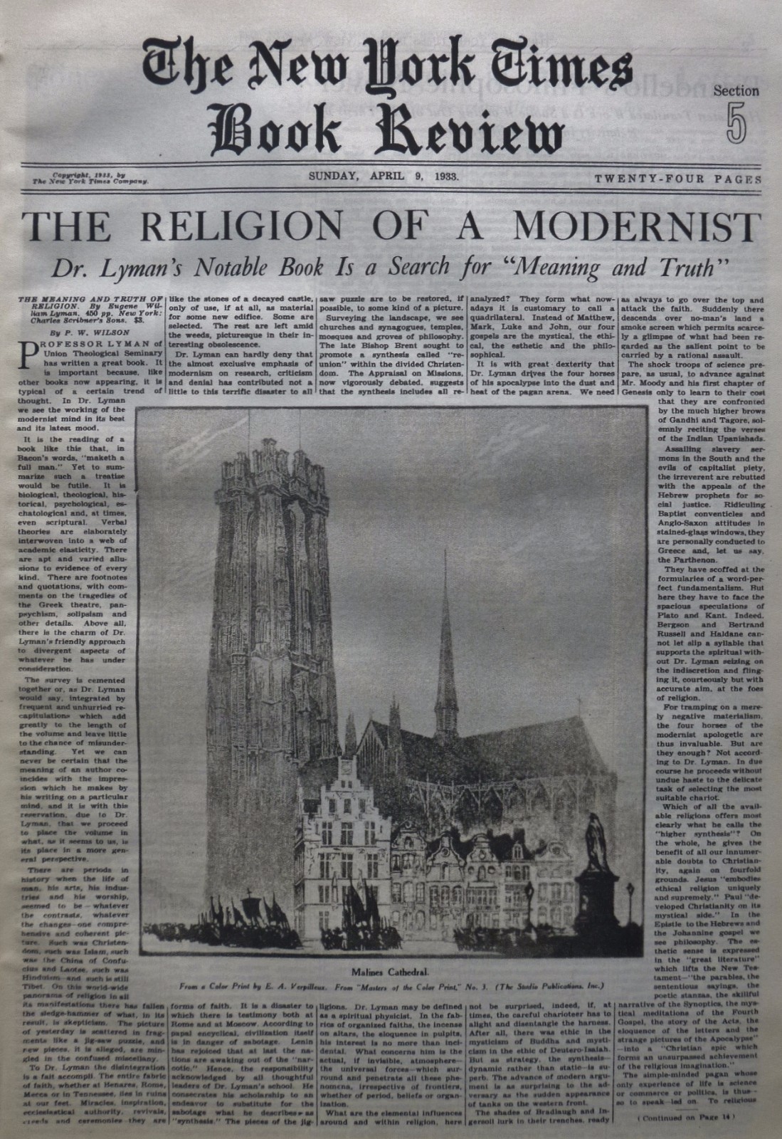 MALINES CATHEDRAL MEANING AND TRUTH OF RELIGION LYMAN VERPILLEUX 1933 April 9 NY