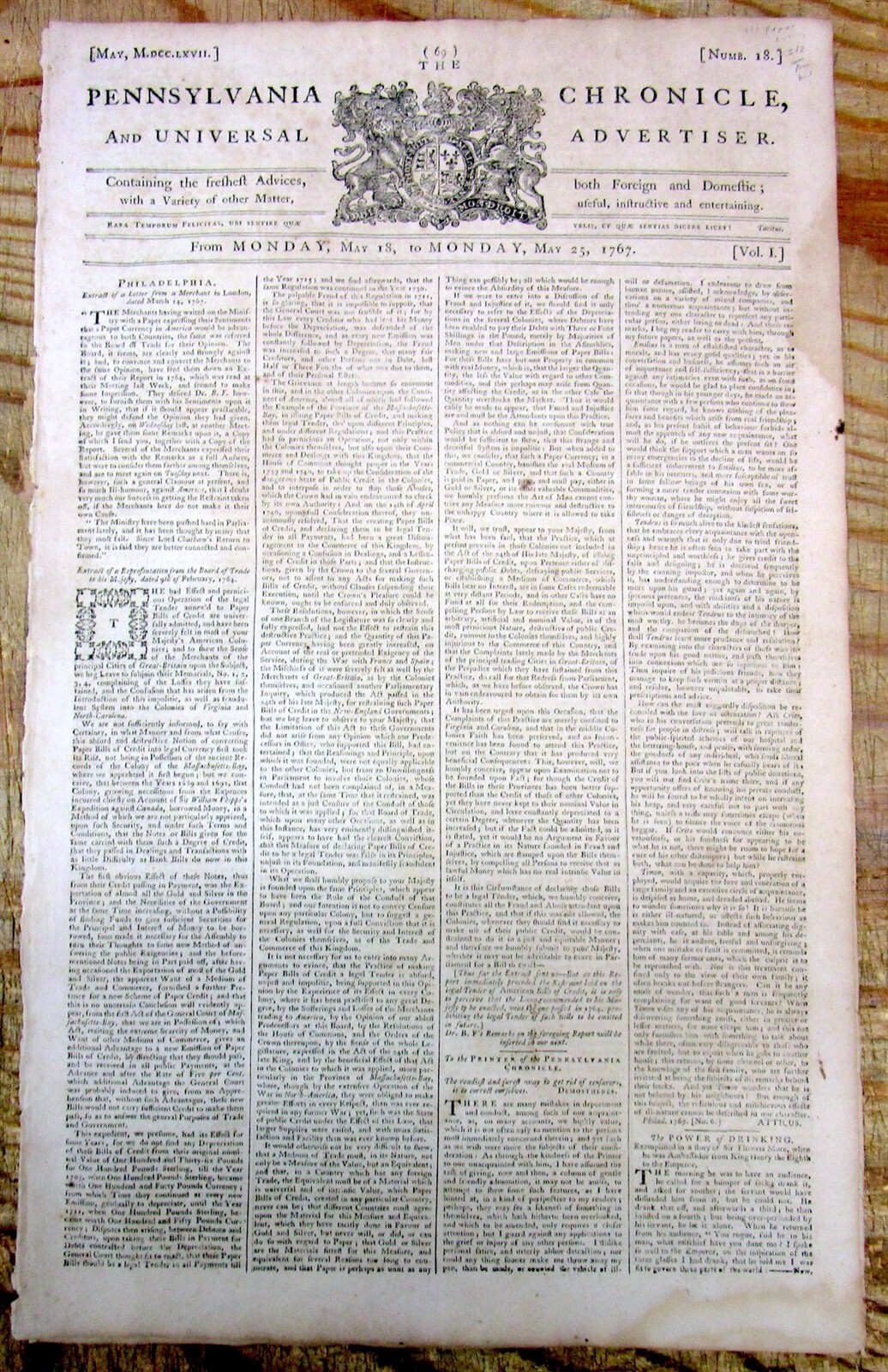 1767 Colonial PHILADELPHIA newspaper & extra WILLIAM PENN founding PENNSYLVANIA
