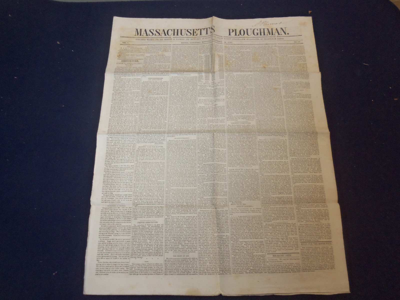 1848 DECEMBER 16 MASSACHUSETTS PLOUGHMAN NEWSPAPER – GOLD IN CALIFORNIA- NP 5158