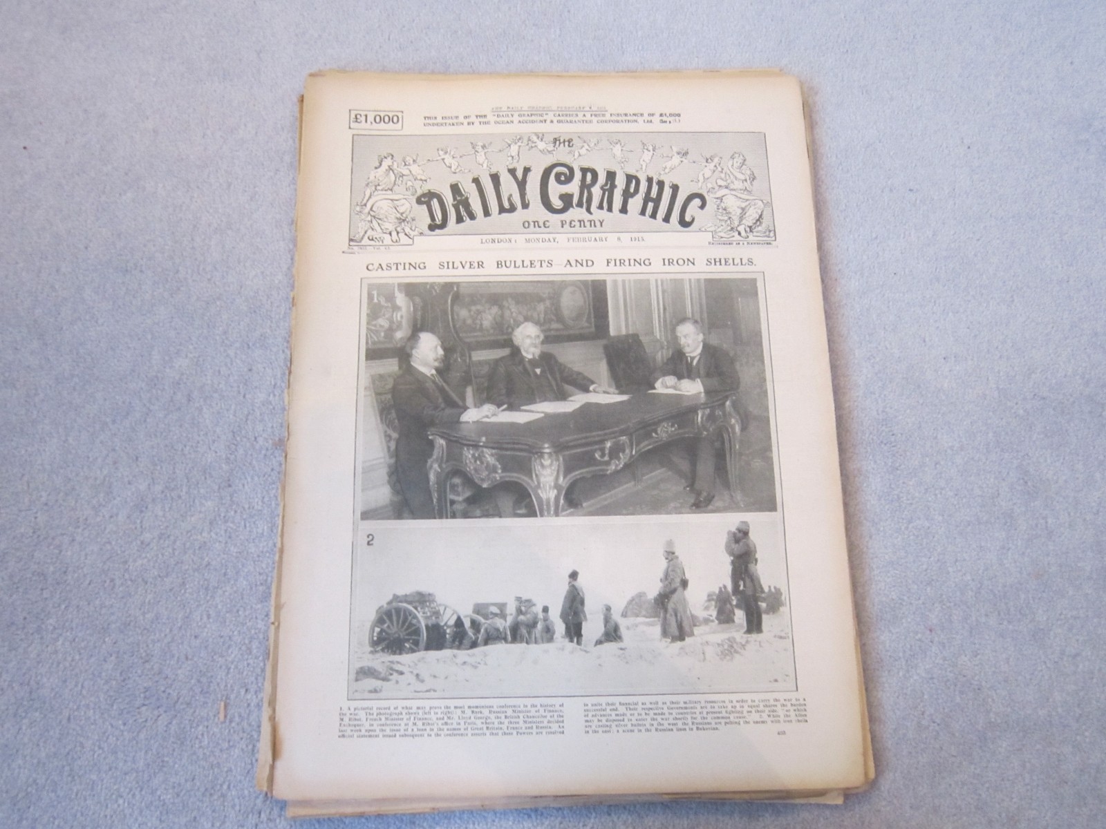 The Daily Graphic newspaper,Feb 8th 1915,casting bullets,firing Iron shells