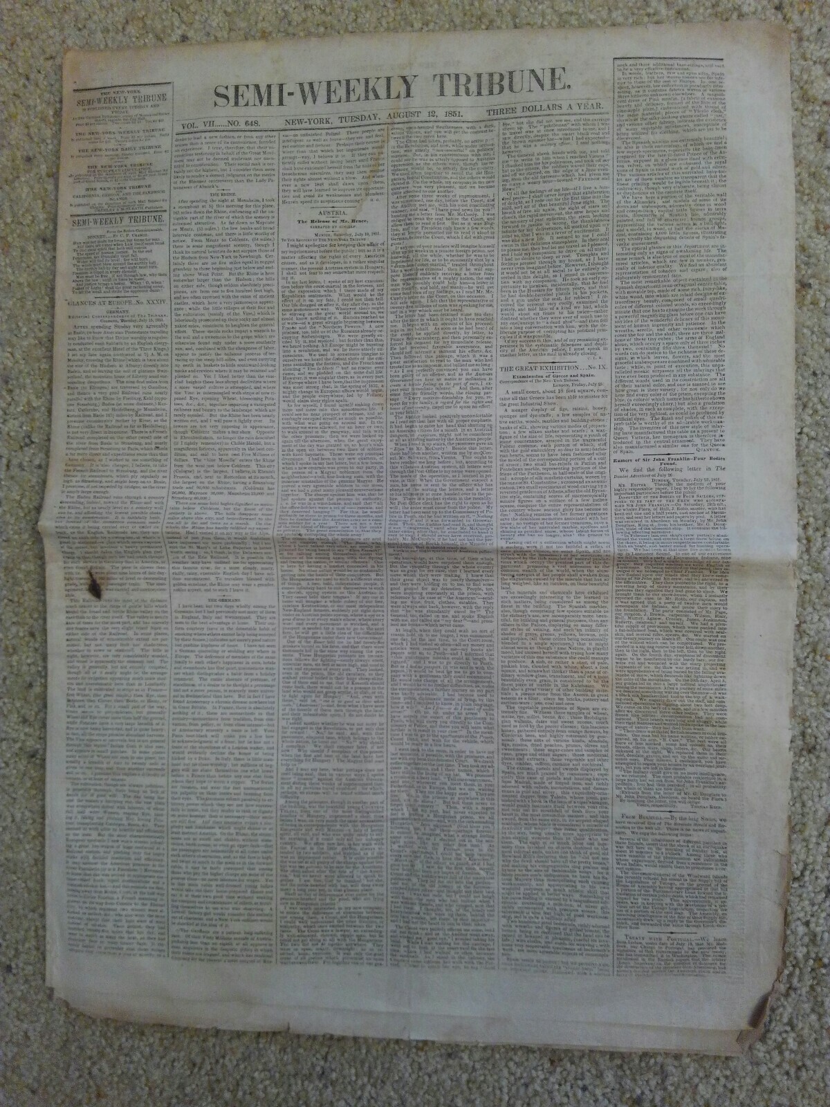 NY TRIBUNE 1851 Germany Austria Greece Spain Portugal Treaty US Elections Money