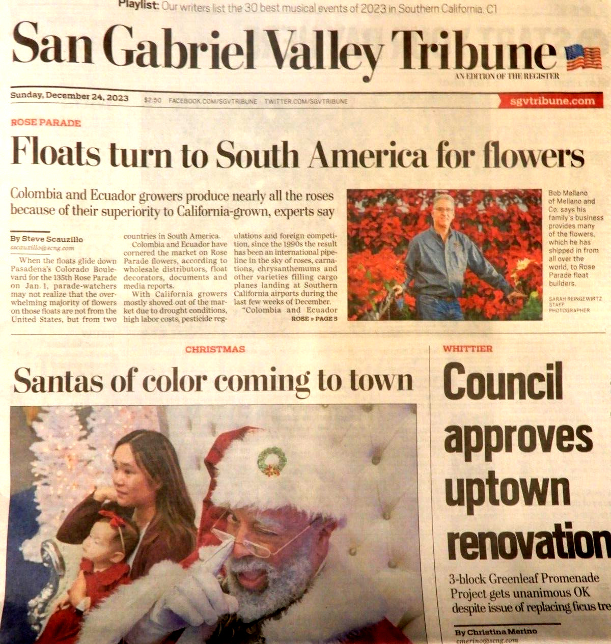 SAN GABRIEL VALLEY TRIBUNE NEWSPAPER December 24, 2023 ROSE PARADE FLOATS Lakers