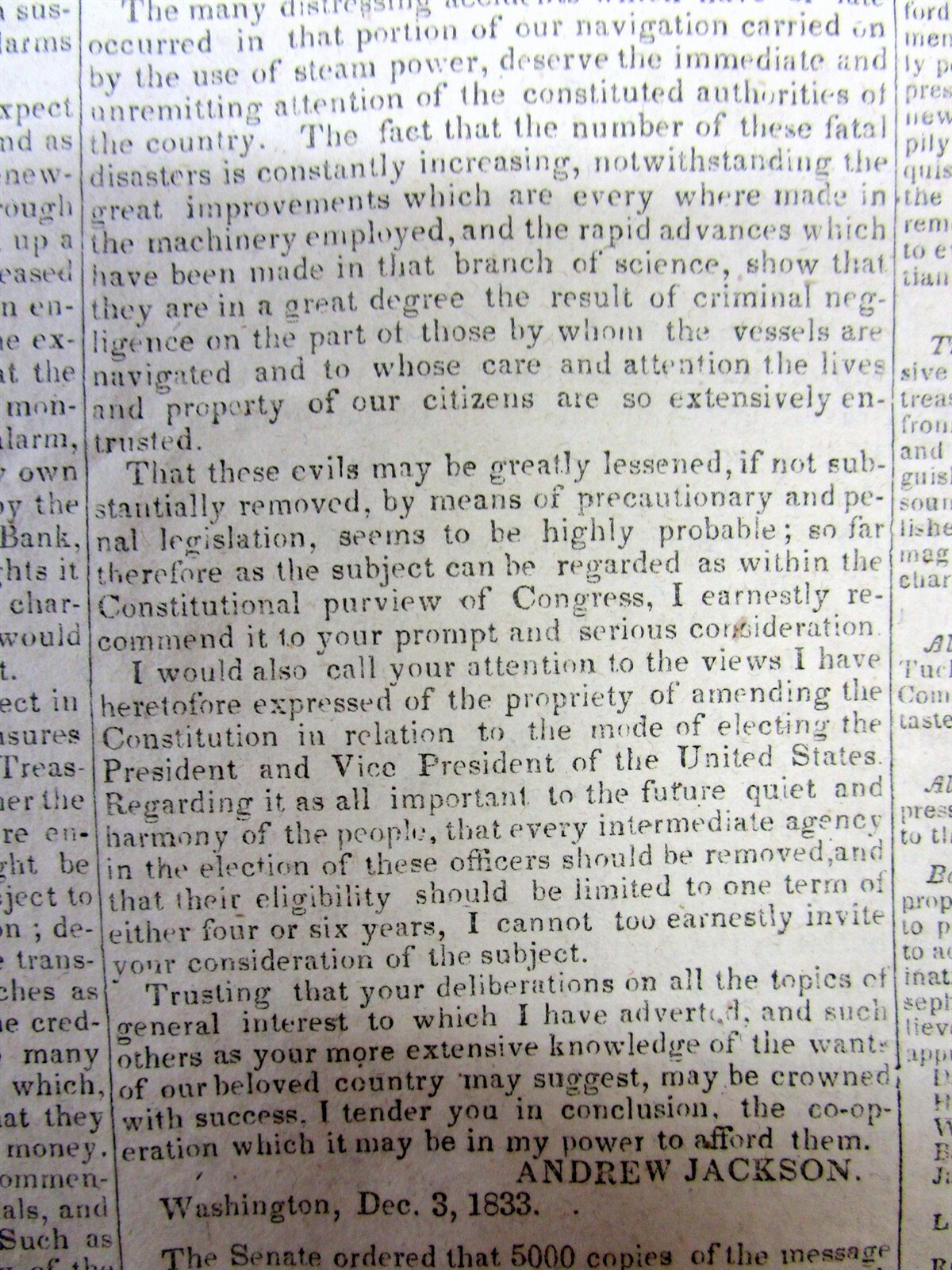1833 newspaper w ANDREW JACKSON SPEECH on Indian Removal Policy TRAIL OF TEARS