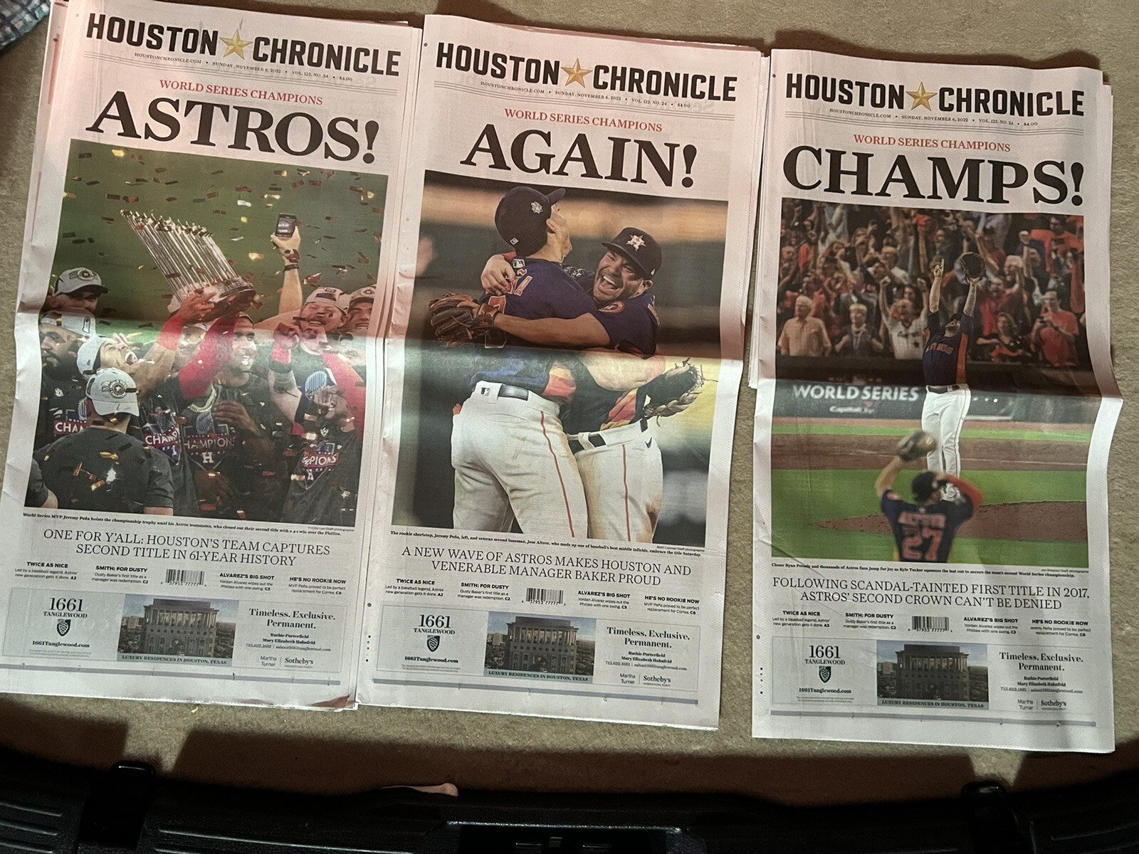 2022 HOUSTON CHRONICLE ASTROS WORLD SERIES 11/5/22 NEWSPAPER ALL 3 PAPERS!