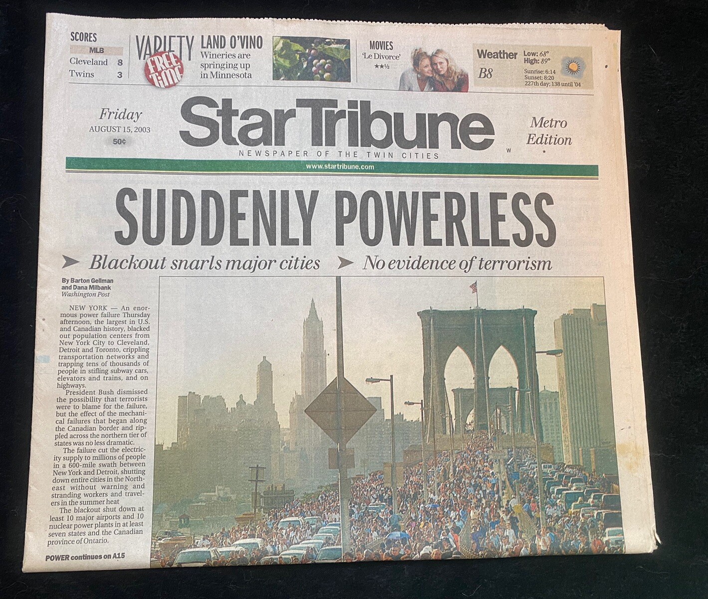 Historic Minnesota Star Tribune August 15, 2003 Blackout – Section A ONLY