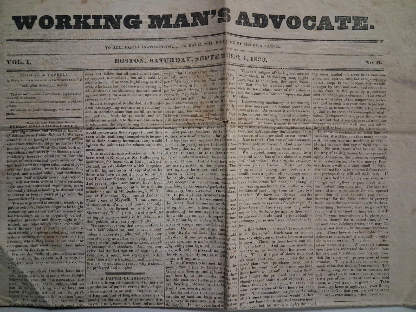 1830 THE WORKING MAN’S ADVOCATE Newspaper EARLY LABOR Americana Vol. I POLITICAL
