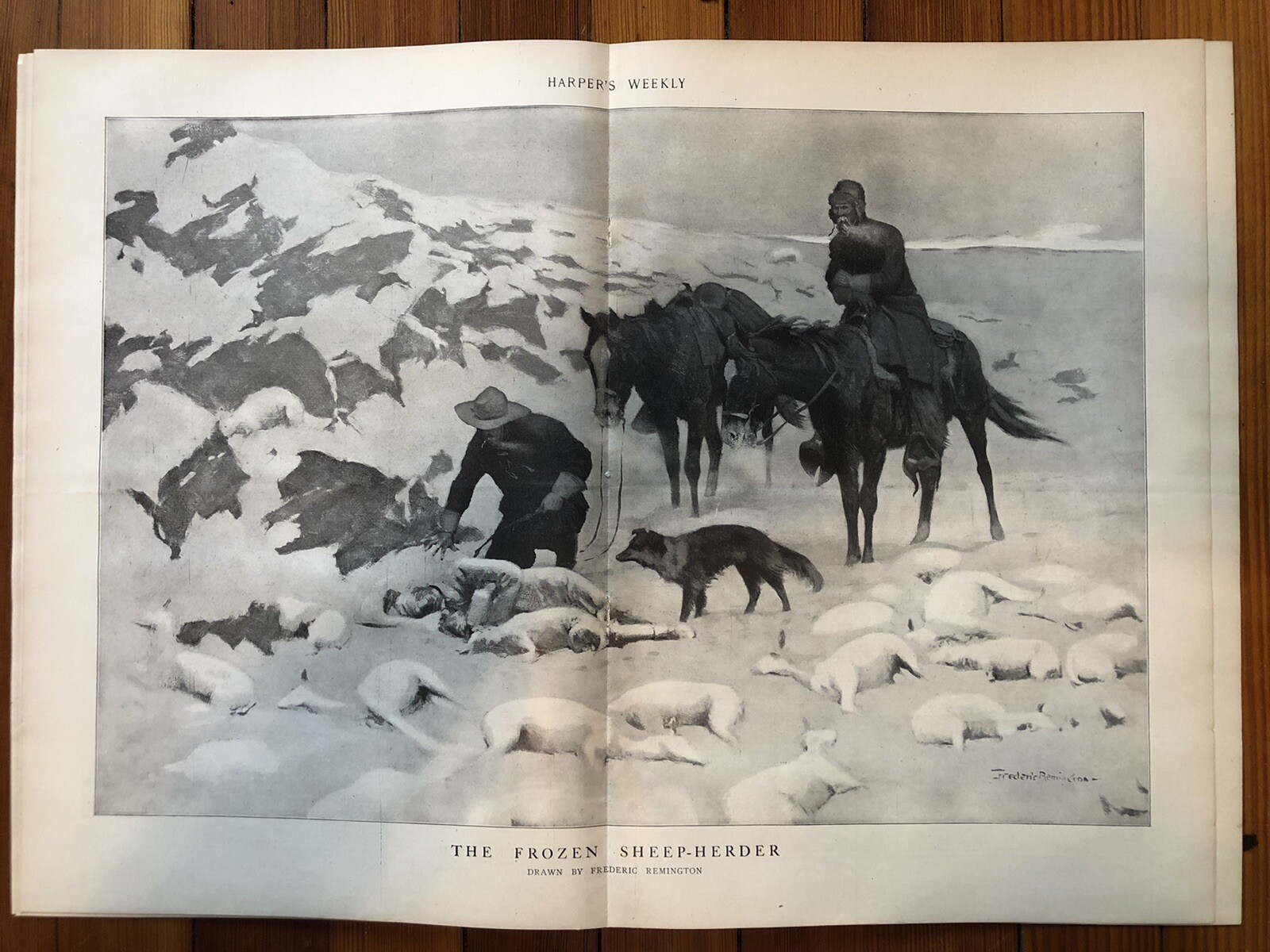 1900 newspaper CENTERFOLD FREDERIC REMINGTON ILLUSTRATION ‘Frozen Sheep-Herder’