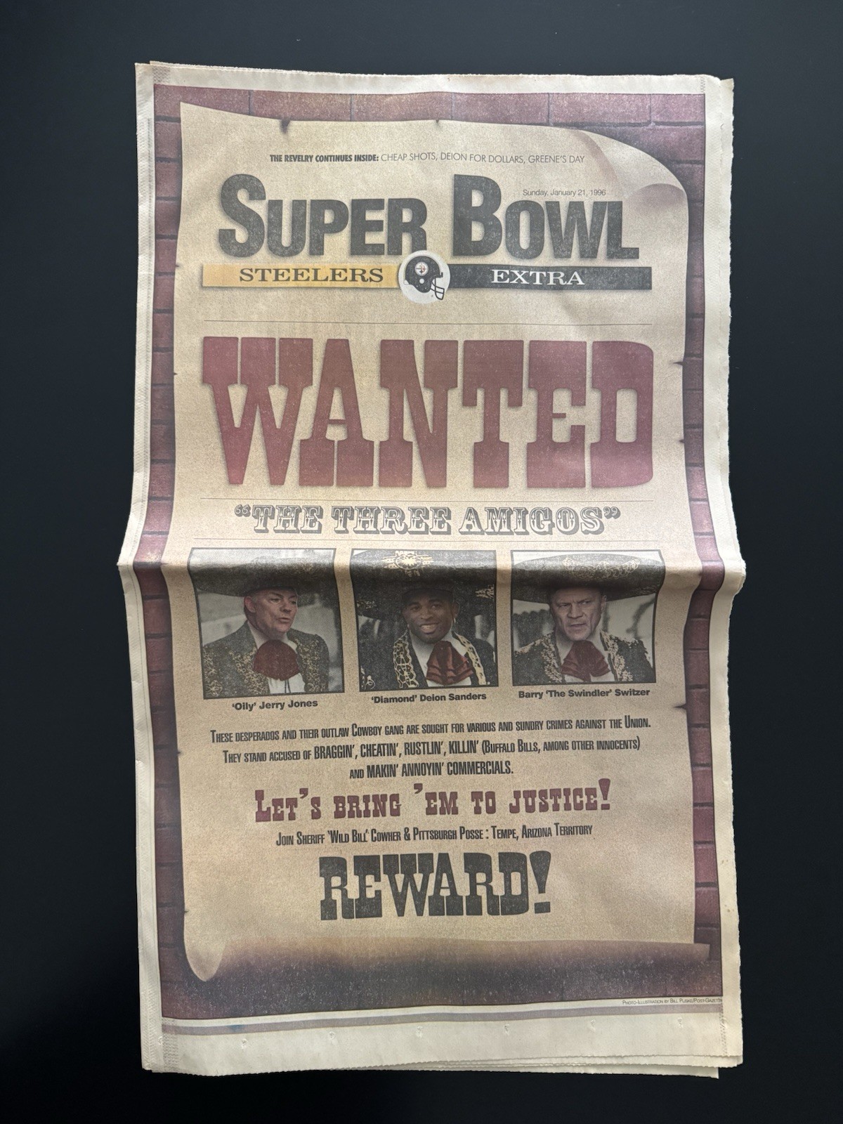 Pittsburgh Post-Gazette Steelers Cowboys Super Bowl Wanted Poster 01-21-1996
