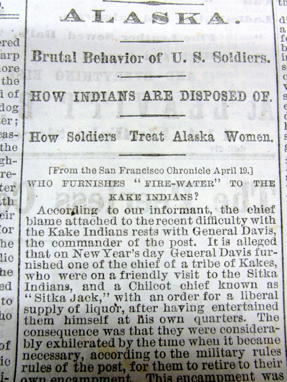 1869 newspaper ALASKA ‘s NATIVE AMERICANS are ABUSED by US SOLDIERS aftrPURCHASE
