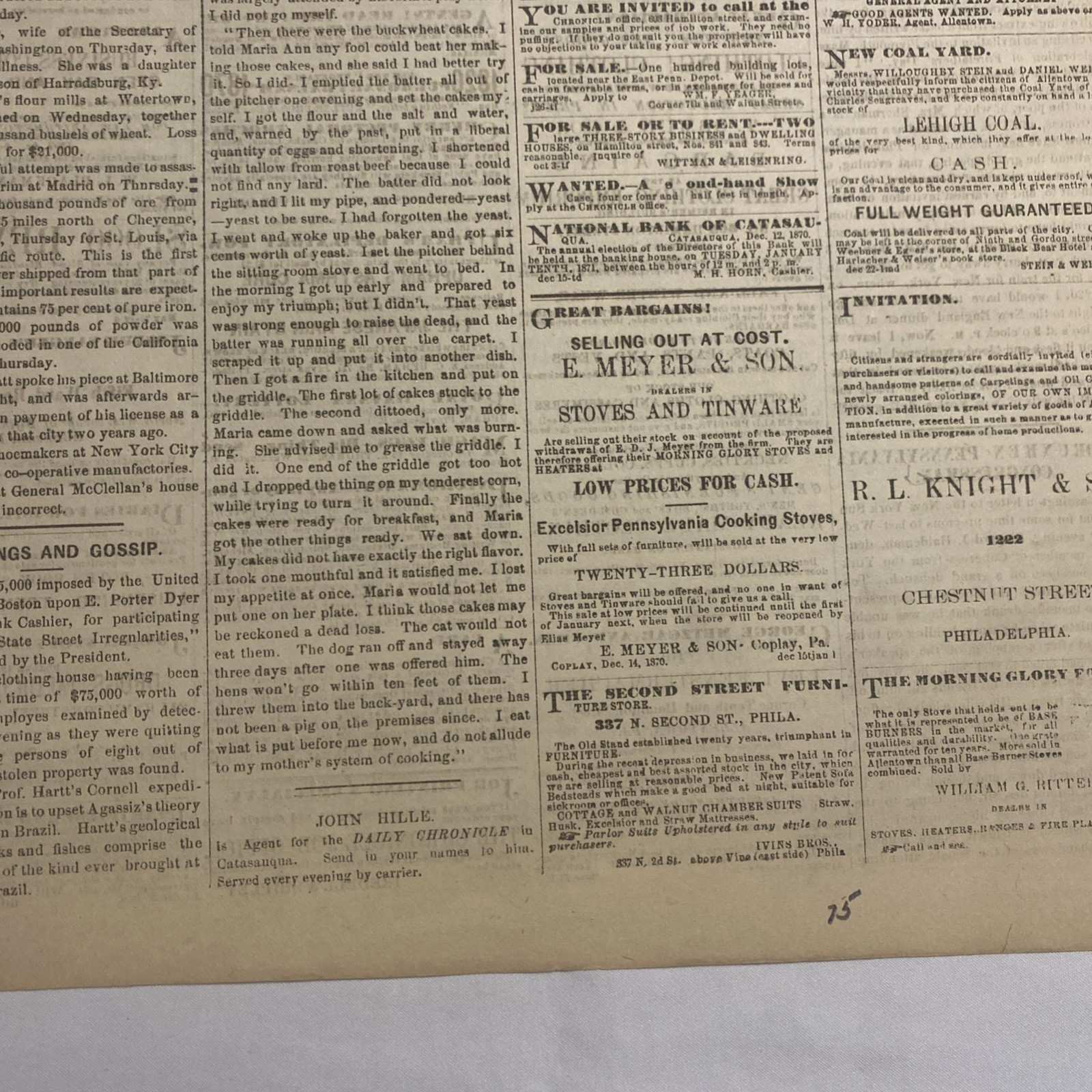 The Daily Chronicle Newspaper ~ Allentown PA, December 30, 1870