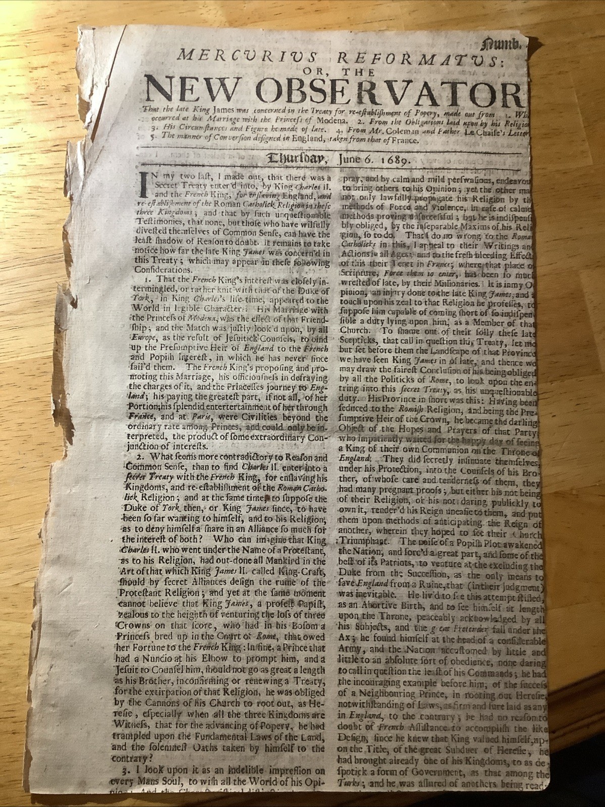 1689 EXTREMELY RARE NEW OBSERVATOR NEWSPAPER ~ WILLIAM & MARY REIGN