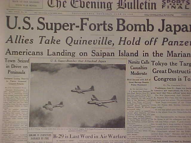 VINTAGE NEWSPAPER HEADLINES~WORLD WAR 2 B-29 PLANES BOMB TOKYO JAPAN WWII 1944