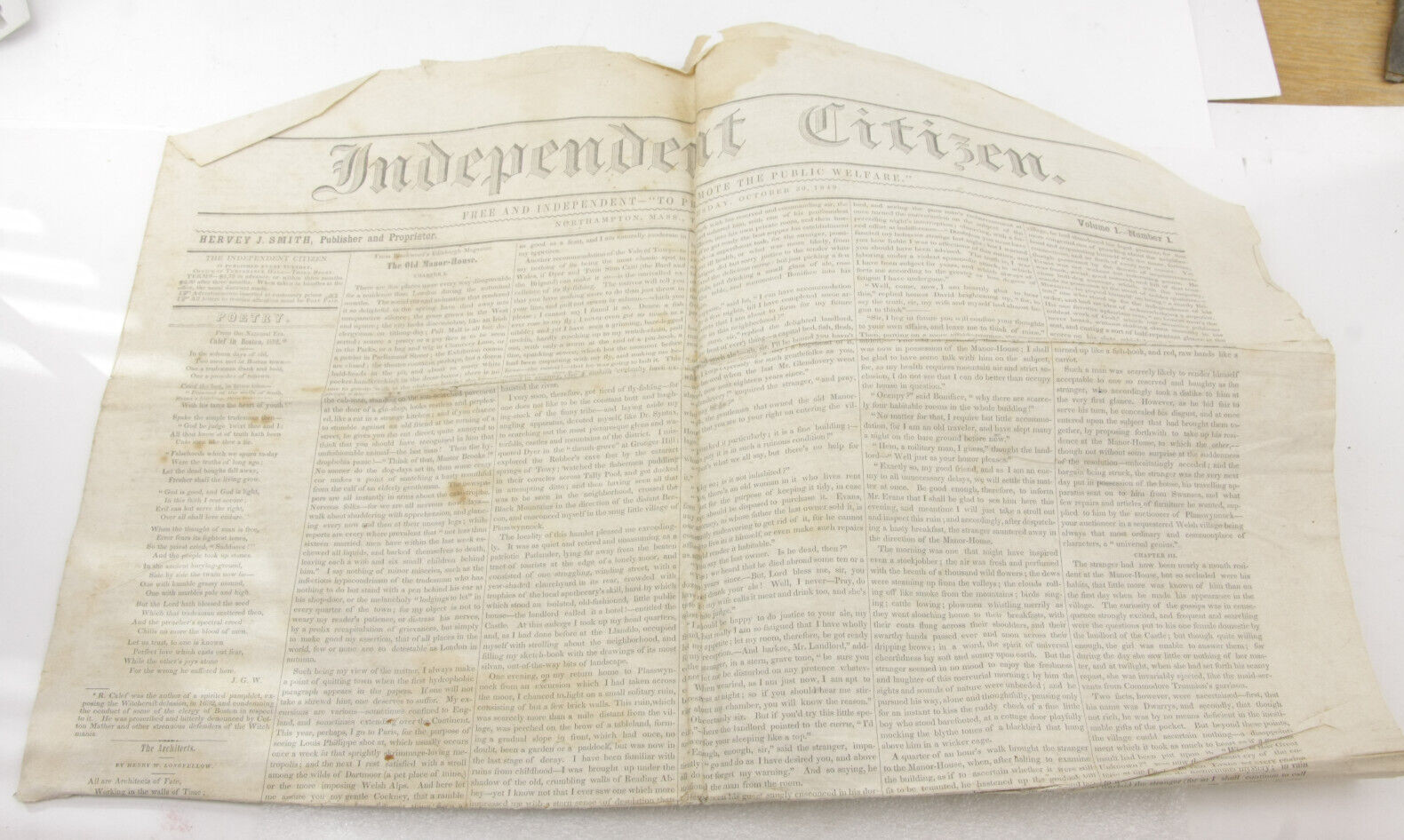 Independent Citizen FIRST ISSUE Oct 30, 1849 Newspaper Northampton MA – cut poor