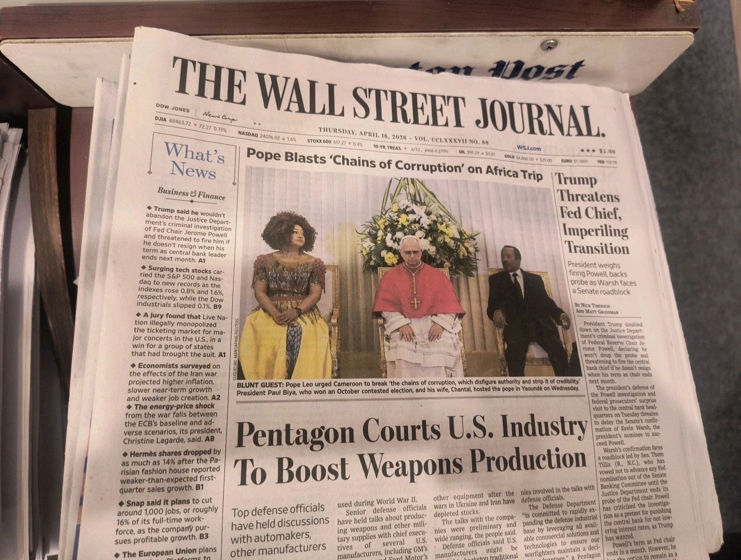 The Wall Street Journal Thursday April 16 2026 Pope Blasts ‘Chains Of Corruption