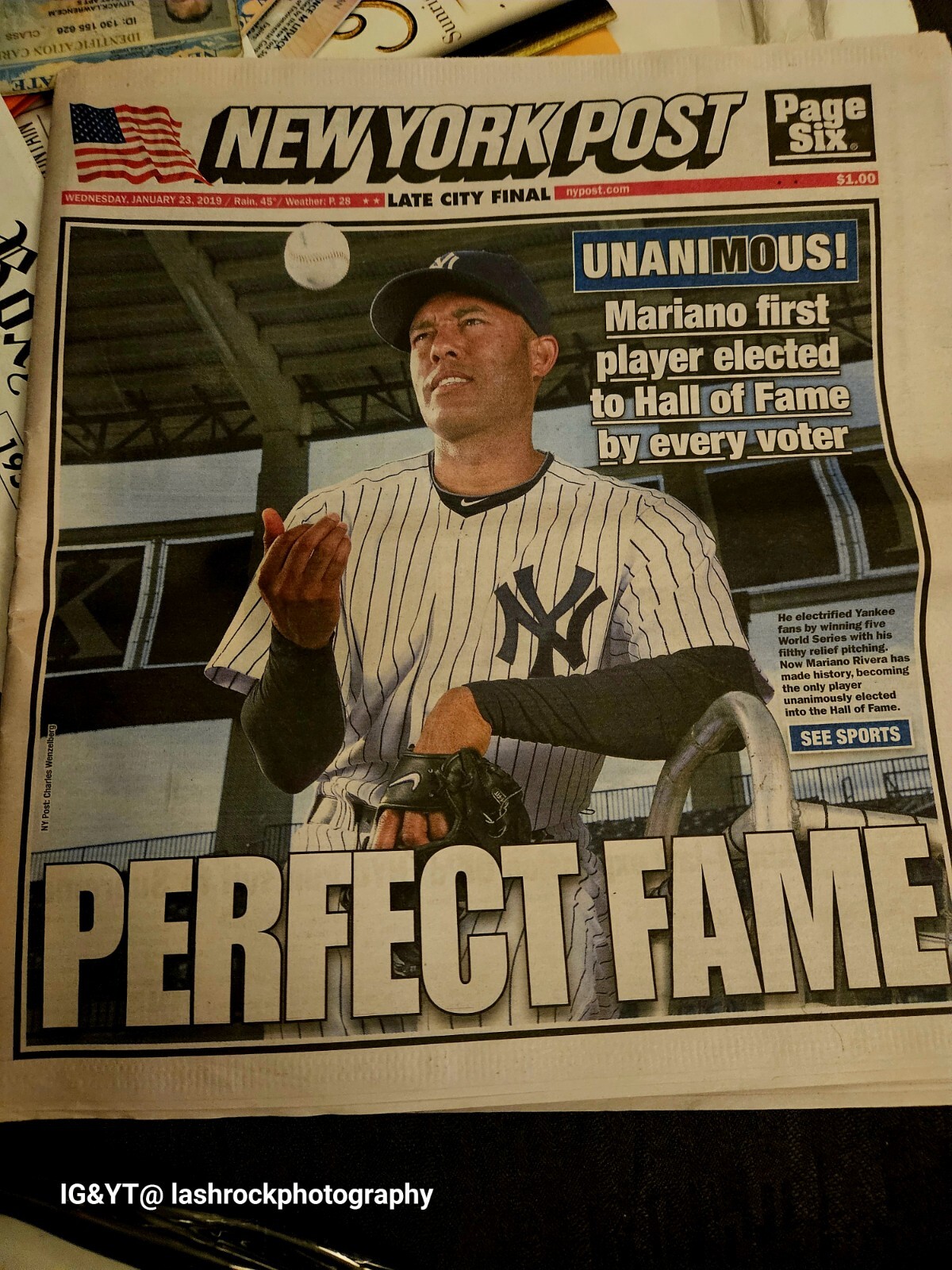 2019 JANUARY 23 NEW YORK POST NEWSPAPER – MARIANO RIVERA ELECTED TO HALL OF FAME