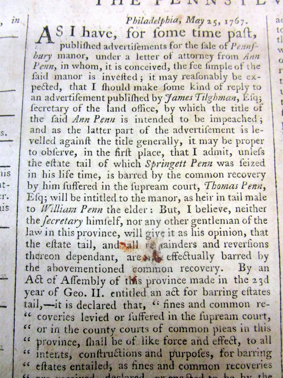1767 Colonial PHILADELPHIA newspaper & extra WILLIAM PENN founding PENNSYLVANIA
