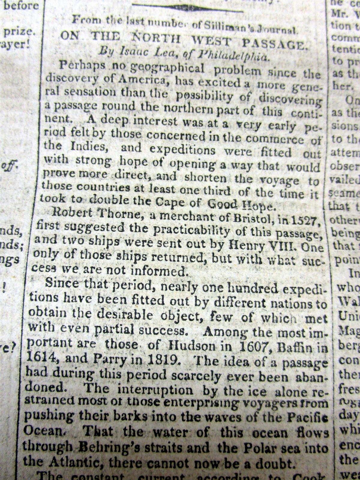 1825 newspaper w long essay on the EARLY SEARCH for a maritime NORTHWEST PASSAGE