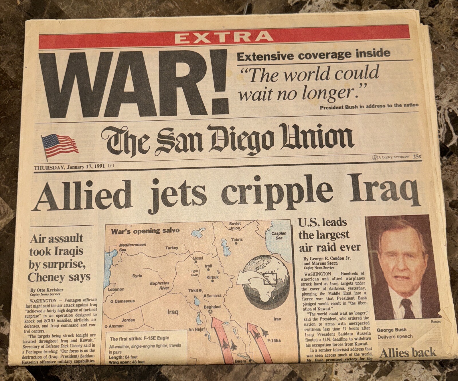 JANUARY 17th 1991 SAN DIEGO UNION EXTRA GULF WAR NEWSPAPER – 20 PAGES