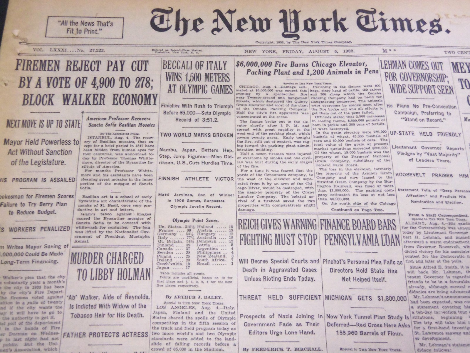 1932 AUG 5 NEW YORK TIMES BECCALI OF ITALY WINS 1500 METERS AT OLYMPICS- NT 4806