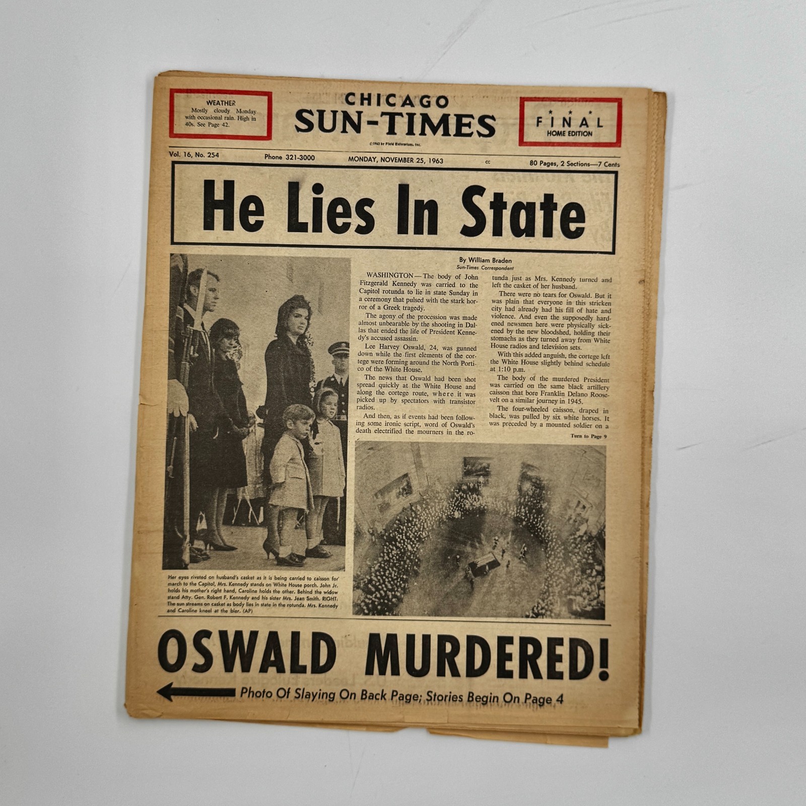 JFK, HE LIES IN STATE Oswald Murdered Newspaper Chicago Sun-Times Nov 25, 1963