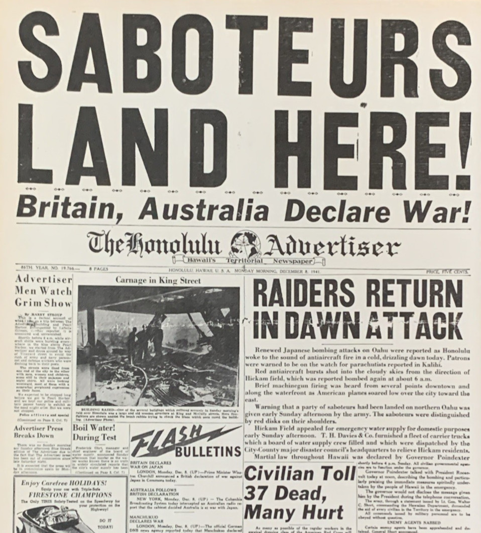 Honolulu Advertiser Saboteurs Land Here! Newspaper Front Page Headline 1941 #24