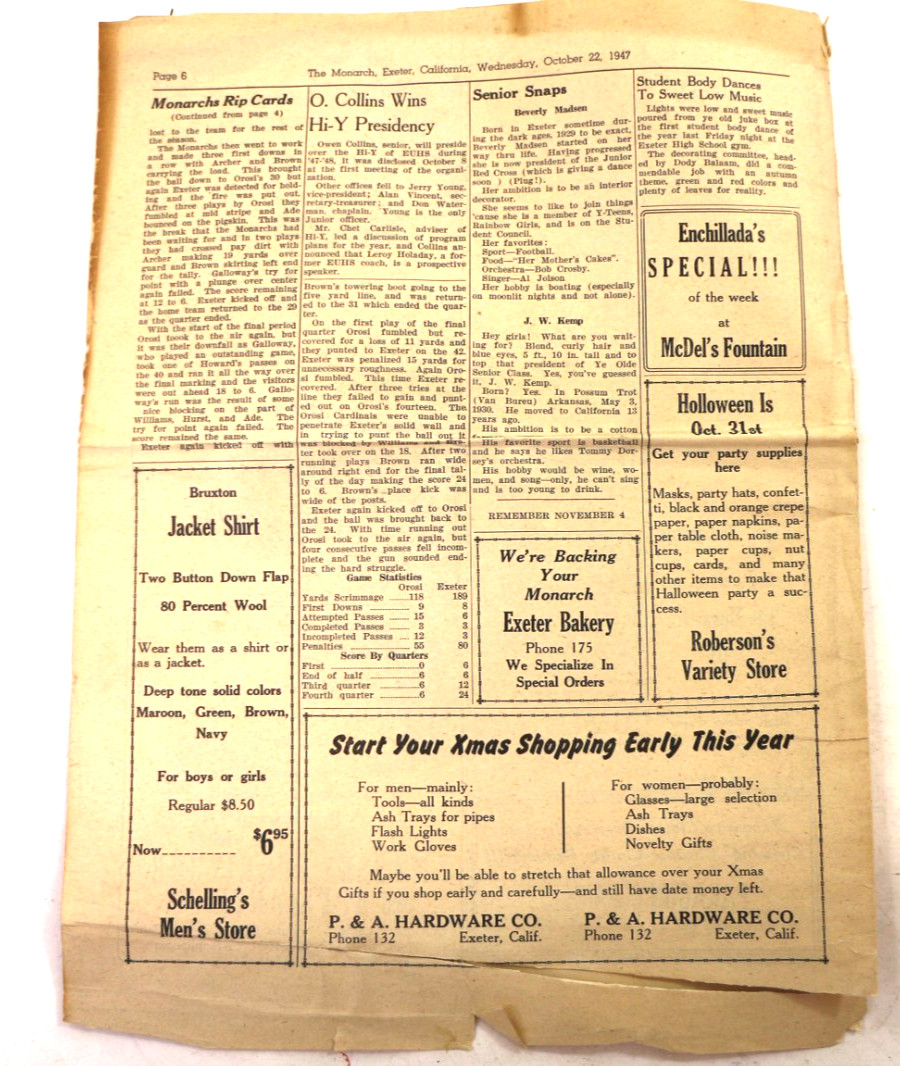 The Monarch Newspaper Volume 1, Number 2, 1947 Exeter Union High School Ca BONUS