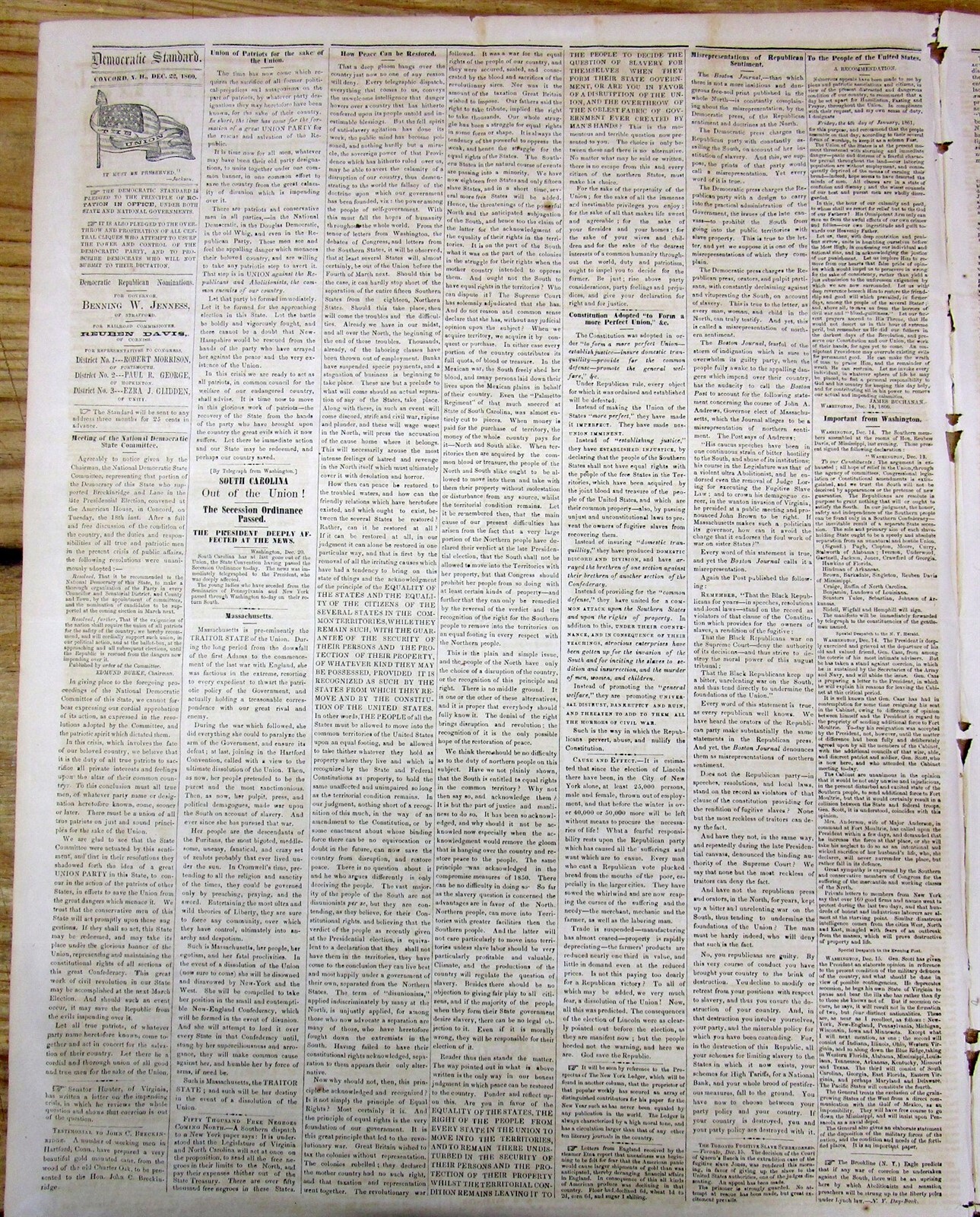 12-22-1860 newspaper wth a 1st news report SOUTH CAROLINA SECEDES from the UNION