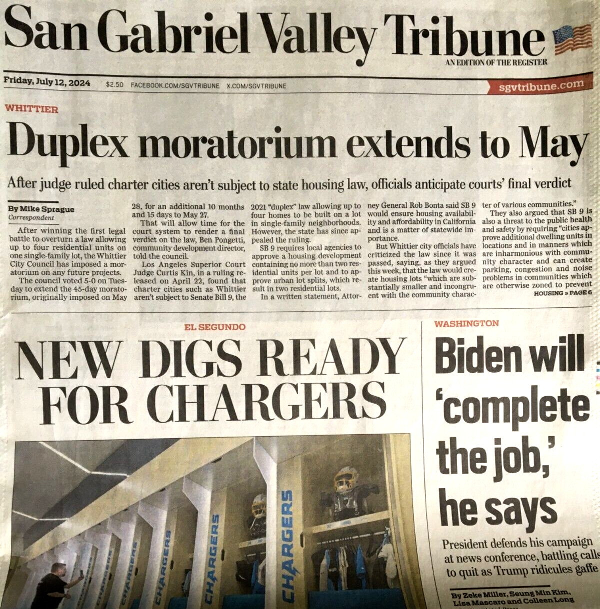 SAN GABRIEL VALLEY TRIBUNE July 12, 2024 BIDEN DEFENDS CAMPAIGN TRUMP RIDICULES