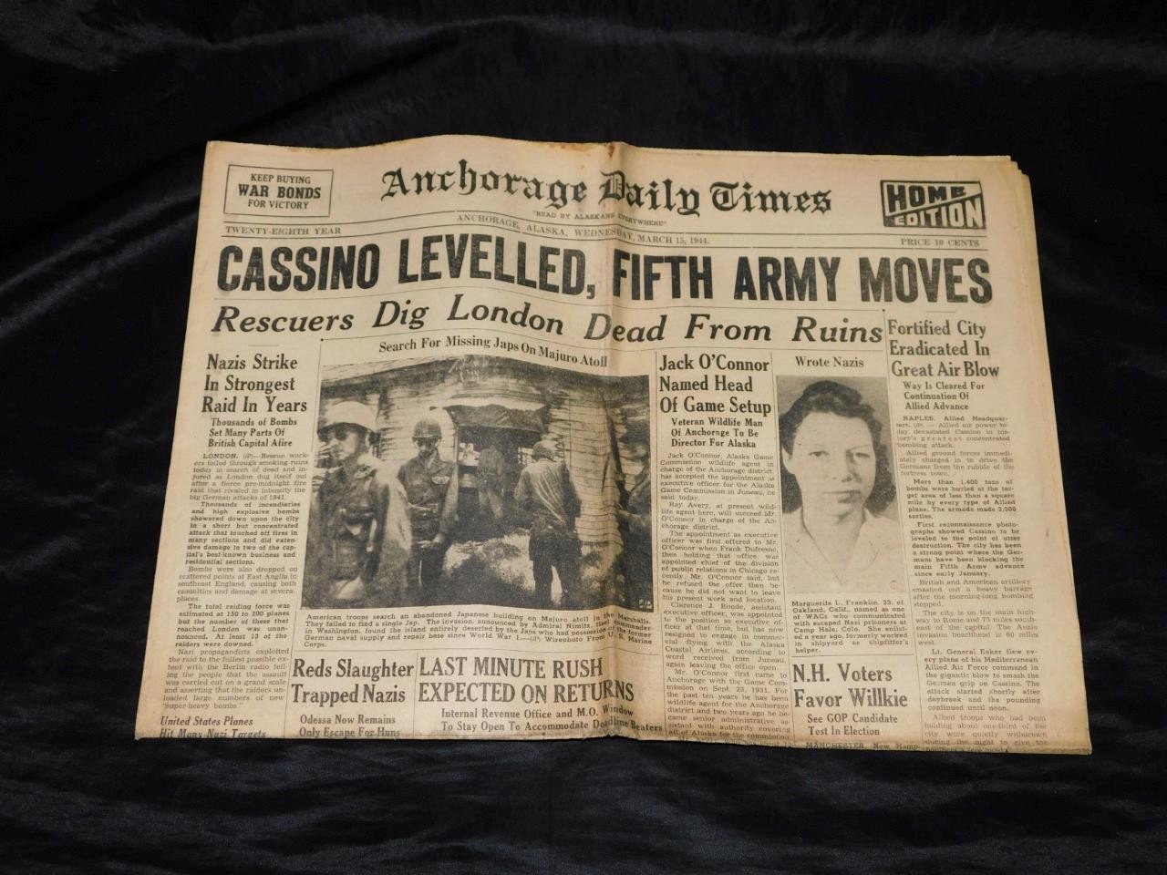 Mar 15 1944 Anchorage Alaska Newspaper WW2 Cassino Levelled Jack O’Connor Agent