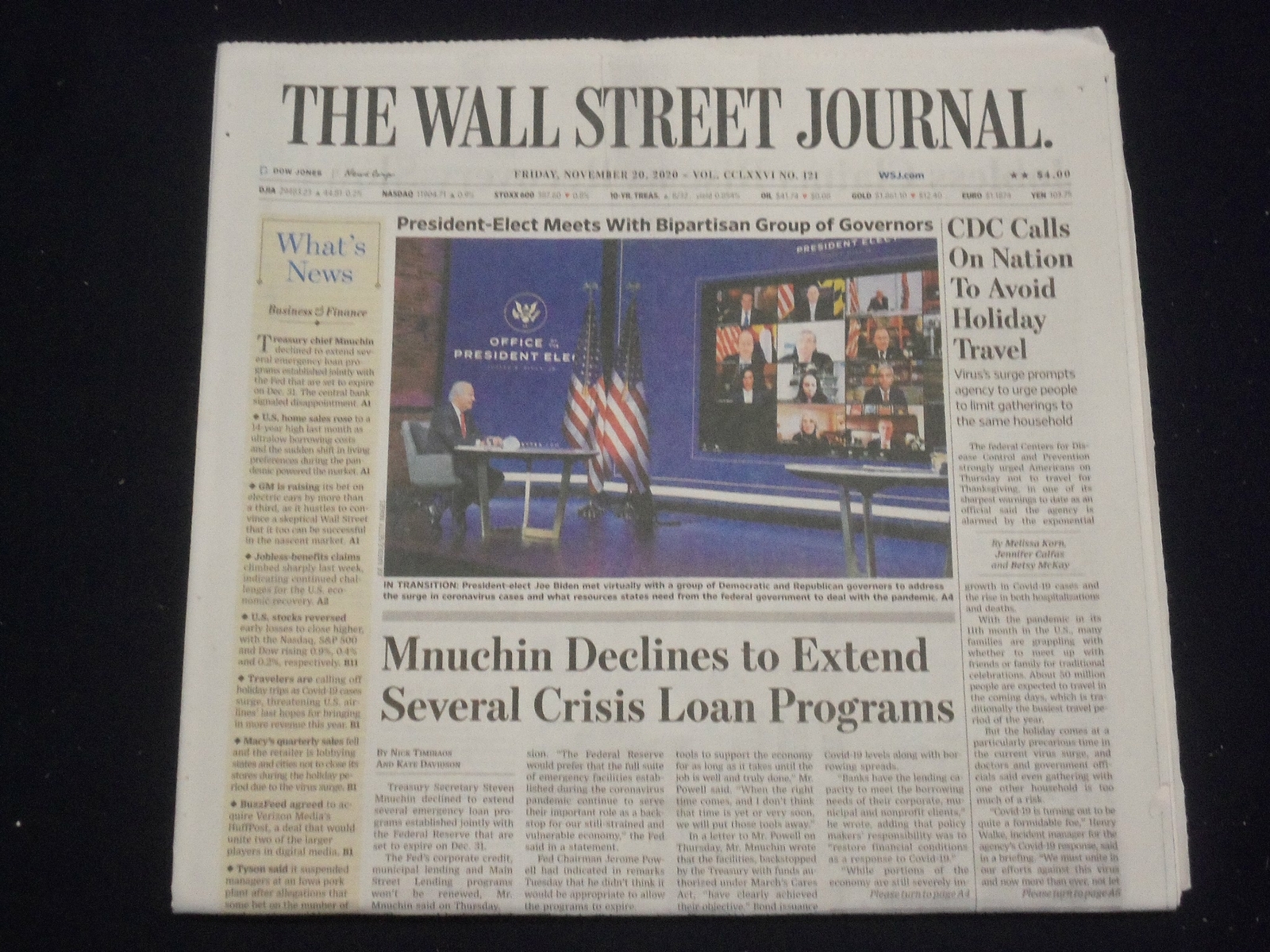 2020 NOV 20 THE WALL STREET JOURNAL -CDC CALLS ON NATION TO AVOID HOLIDAY TRAVEL
