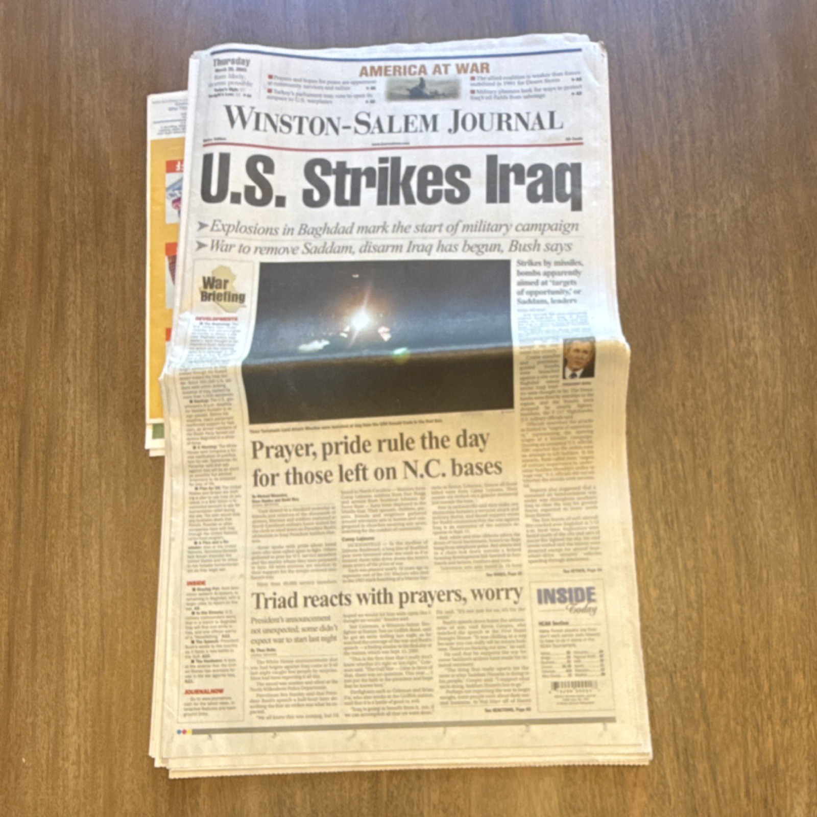 Winston-Salem Journal March 20, 2003 Iraq War Coverage NCAA Tournament Newspaper