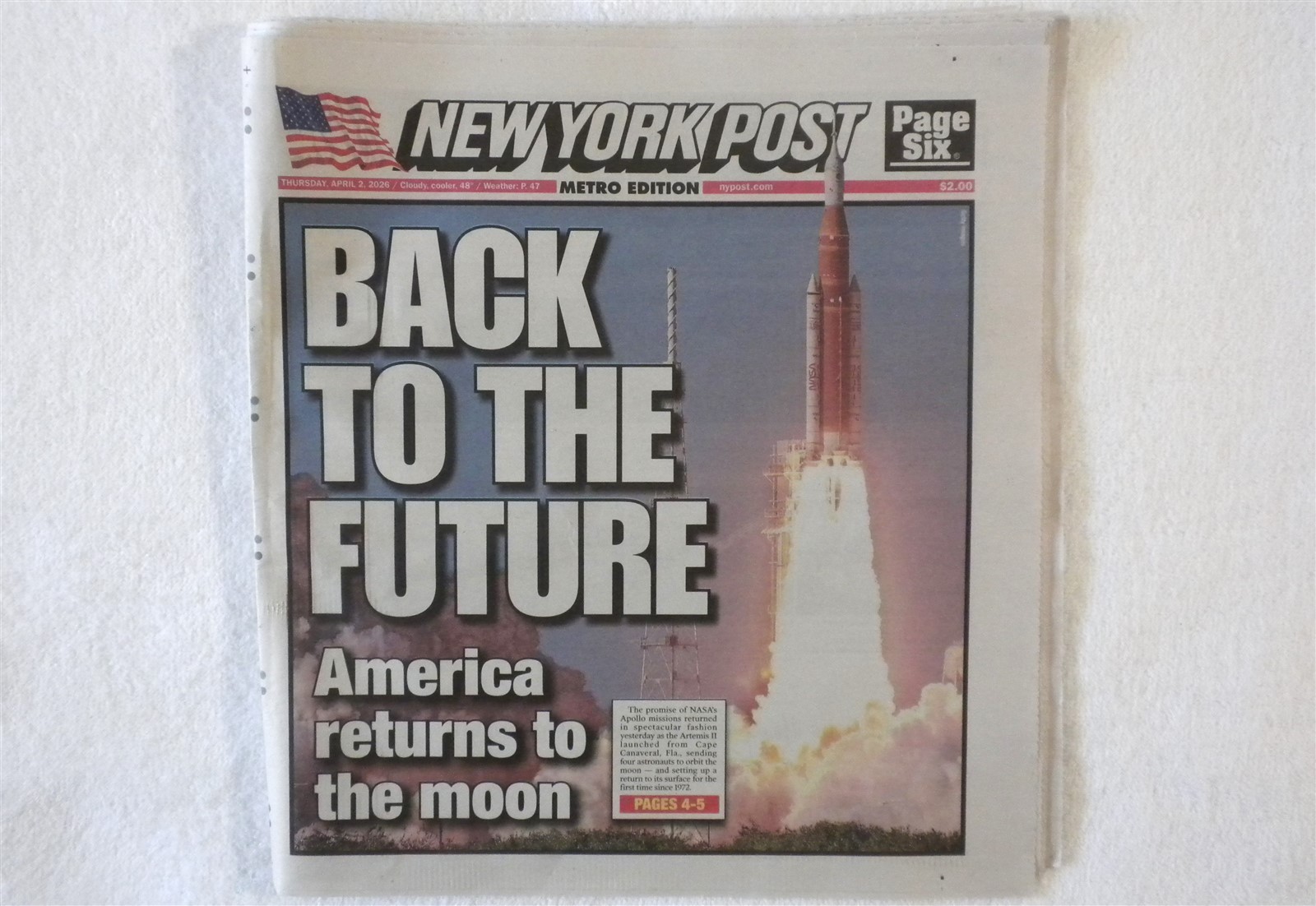 NY POST NEWSPAPER APRIL 2 2026 BACK TO THE FUTURE AMERICA RETURNS TO THE MOON !